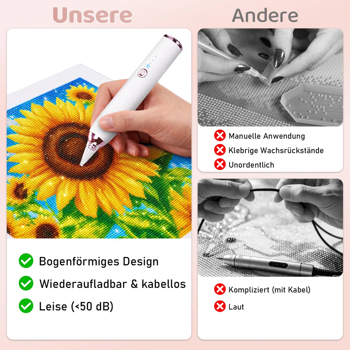 Yellcetoy Diamond Painting Stift Elektrisch, Kabelloser Automatischer Diamant Paiting Pen Set, 3 Saugstufen Wiederaufladbar Diamantmalerei Pen Zubehör für Erwachsene