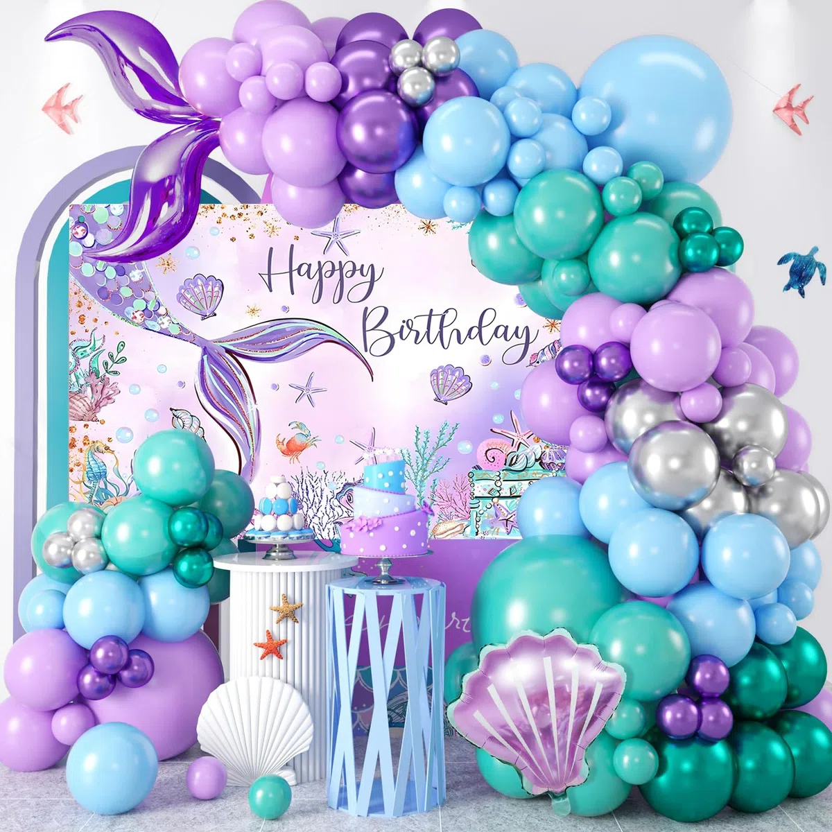 Meerjungfrau Geburtstag Deko Set - 109pcs Meerjungfrau Luftballon mit ballons Lila Blau Mermaid Tail, Meerjungfrauen Tischdecke Hintergrund für Ariel Deko Geburtstag Mädchen, Meerjungfrauen Deko