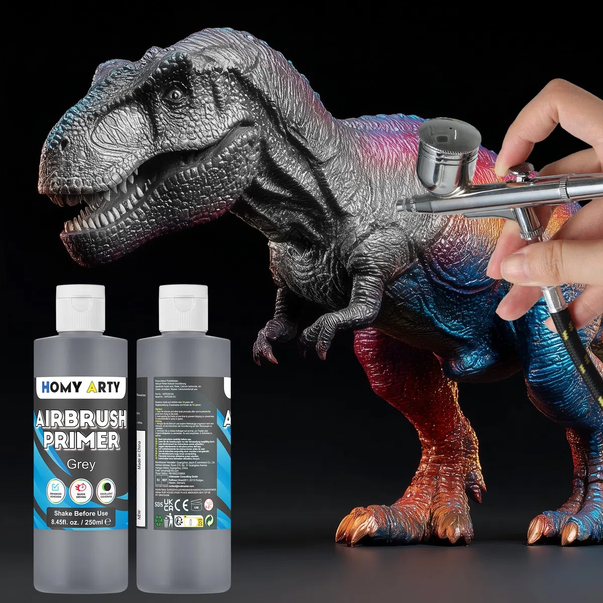 HOMY ARTY Airbrush Primer - Grau Acrylgrundierung für Airbrush, 250 ml schnelltrocknende, matte Grundierung, für Airbrush Farbe mit ausgezeichneter Haftung auf Kunststoffmodellen, Metall, Leinwand
