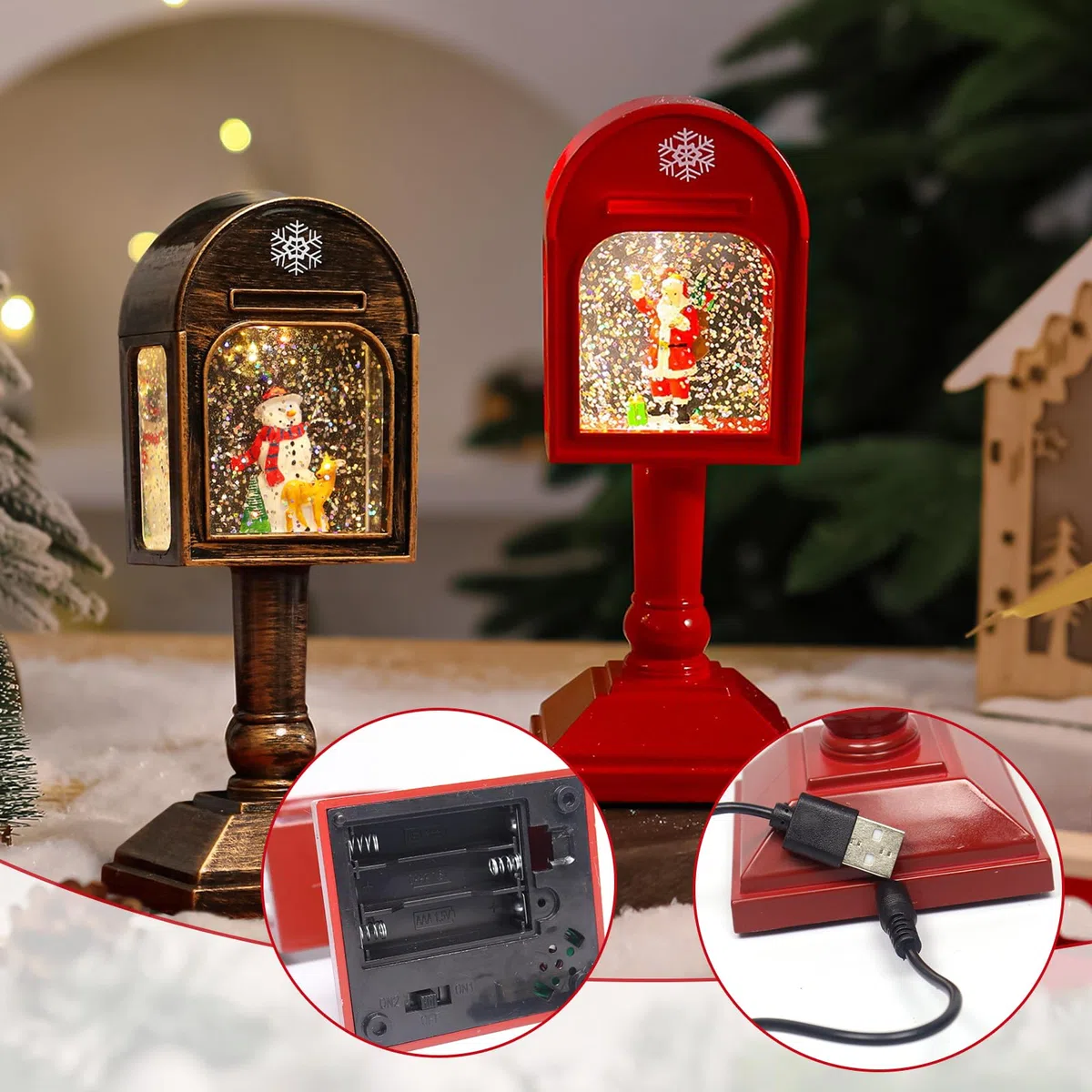 Weihnachtsdeko Laterne, Weihnachts Schneekugel Laterne mit Musik, Weihnachtslaterne, LED Weihnachts Schneekugel Laterne mit Musik und Licht, Weihnachtsfeierdeko Vintage Innen Beleuchtet (Rot)