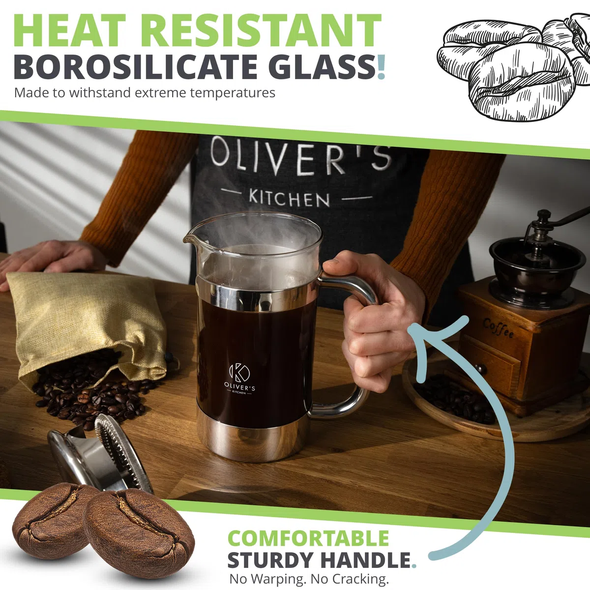 Oliver's Kitchen® French Press 1 liter - Eleganter Kaffeebereiter aus Glas - Kaffee Maschine für authentischen Kaffeegenuss - Hitzebeständig und praktisch