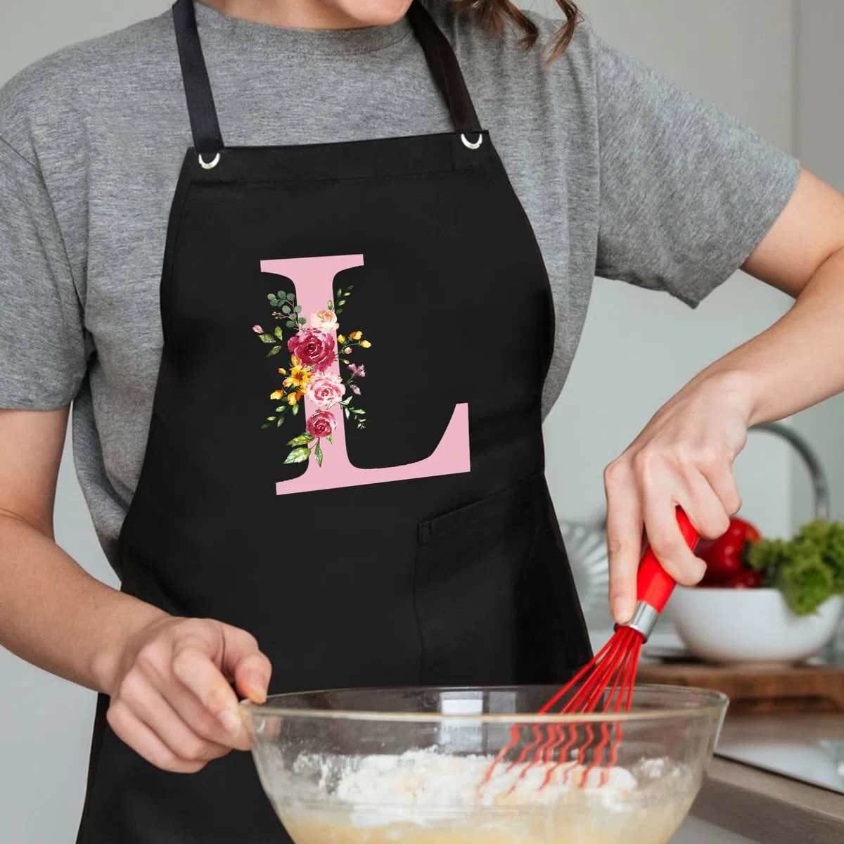 Personalisierte Initialen Schürzen Damen, Kochschürze Baumwolle Verstellbare Küchenschürze mit Taschen zum Kochen, Backen, Geschenk für Frauen Mama Oma Freundin zum Geburtstag Muttertag Weihnachten B