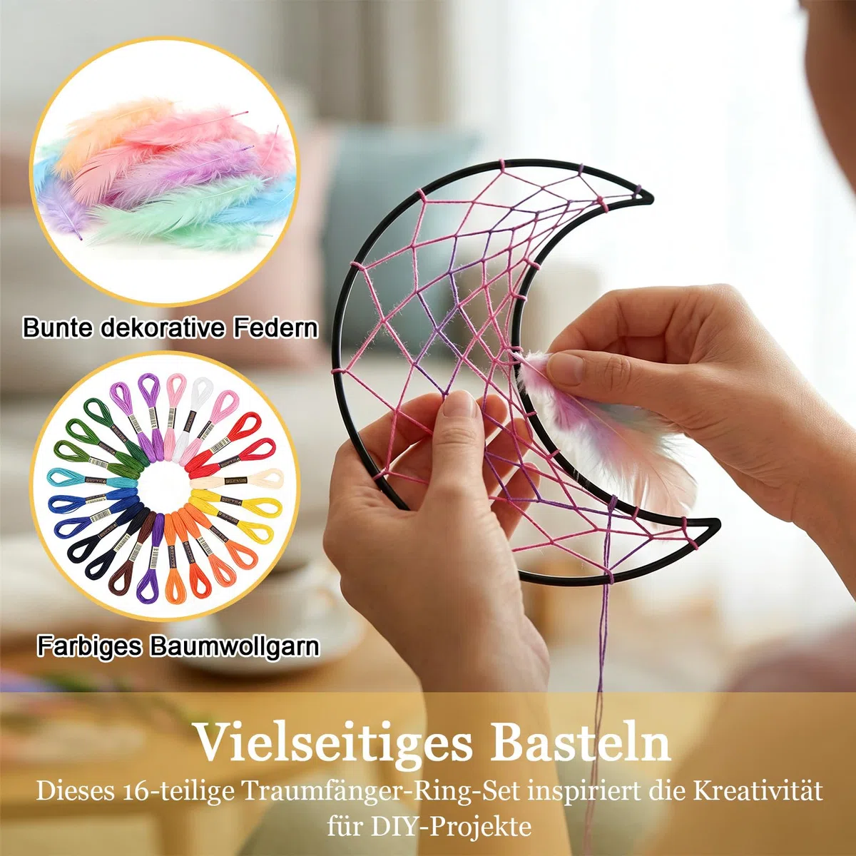 16-teiliges Traumfänger Bastelset, Schwarze Traumfänger-Ringe mit 24 bunten Garnen, 100m Baumwollschnur, 50 Macaron-Federn, Ideal für DIY-Projekte und Geschenke