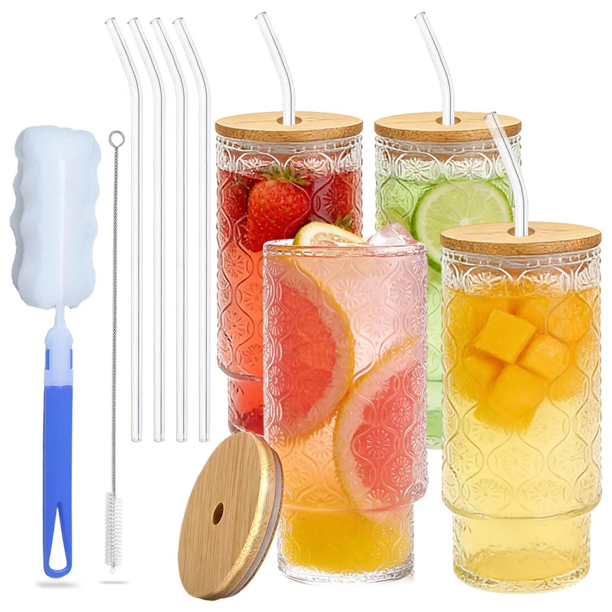 4 Stück Trinkgläser Set mit Glas Strohhalm 320 ml,Trinkglas mit Deckel, Eiskaffee Gläser, Longdrinkgläser Set, Kaffeegläser, Wassergläser, Biergläser für Cocktail, Wasser, Soda, Cocktails