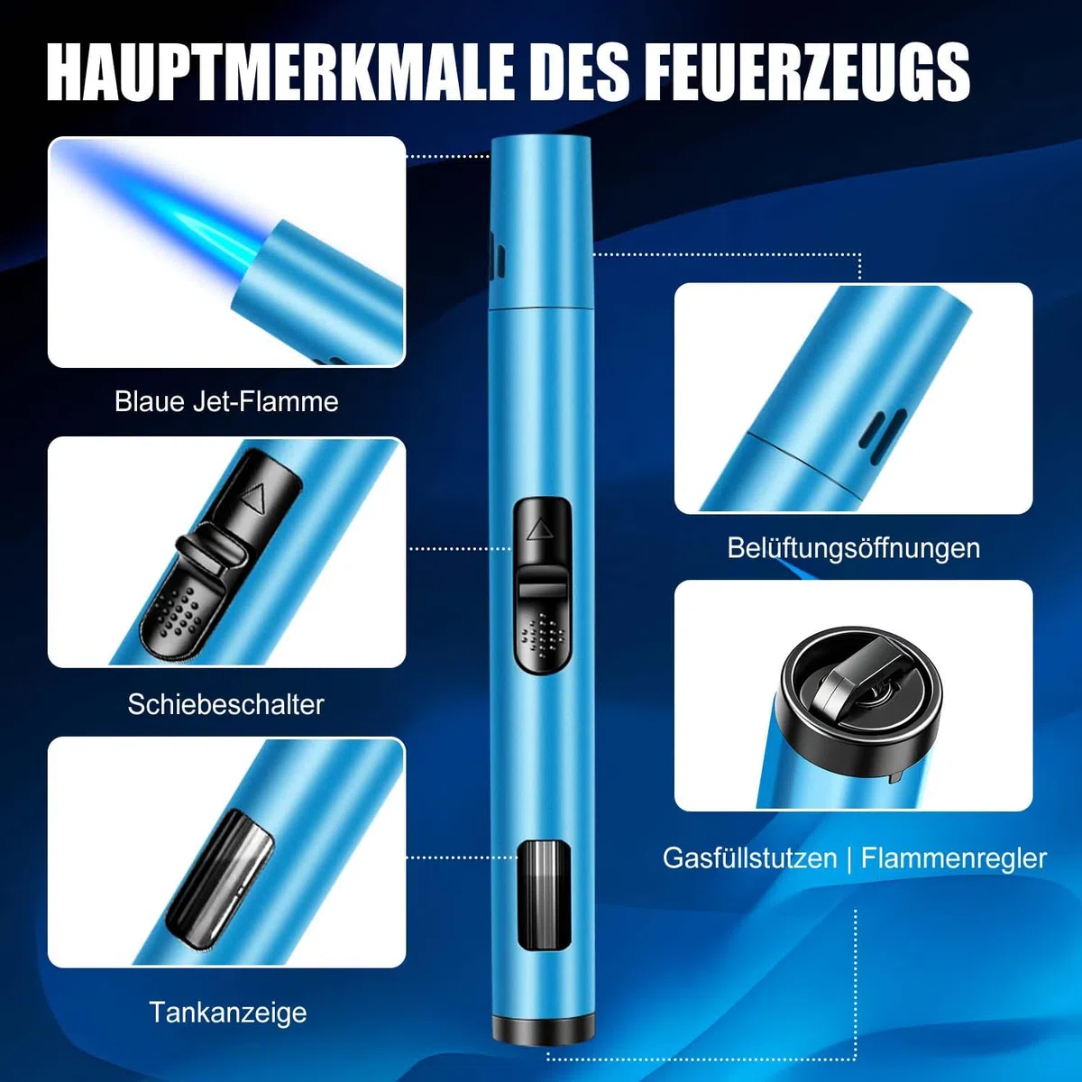 2 Stück Sturmfeuerzeug, 6,5-IN Sturmfeuerzeug Gas Nachfüllbar, Winddicht Langes Stabfeuerzeug, Jet Feuerzeug für Kerzen, Küche, Camping, Kamin (Verkauft ohne Butangas)