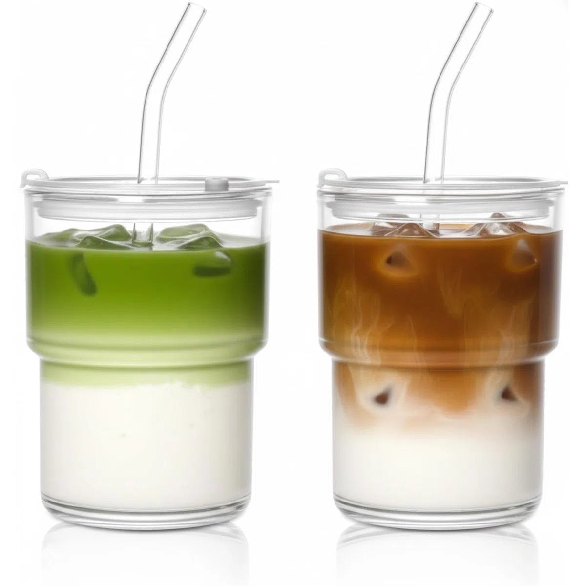 VITEVER 2 Stück 450ml Glasbecher mit Deckel und Strohhalm, Smoothie Becher mit Strohhalm, Luftdicht Wasserdicht Design Kaffeebecher Travel Mug, Eiskaffee Becher, Trinkglas