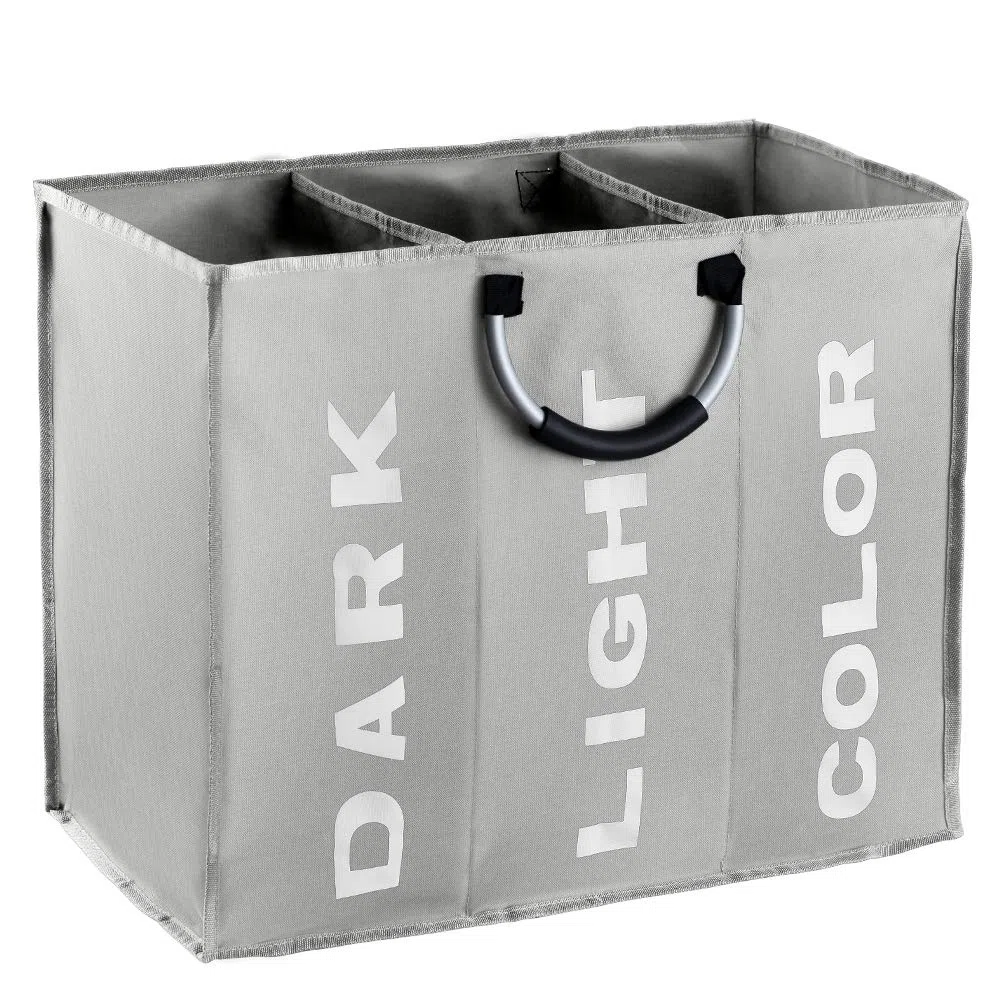 Wäschesortierer 3 Fächer, Faltbarer Wäschekorb Sortierer, Hell Dunkel Wäschesammler, 3 Fach Braun Kinderzimmer Kinder Baby Wäschebox, Wäschesack Wäschetasche Stoff Groß, 90L, 60×32×49cm, Grau