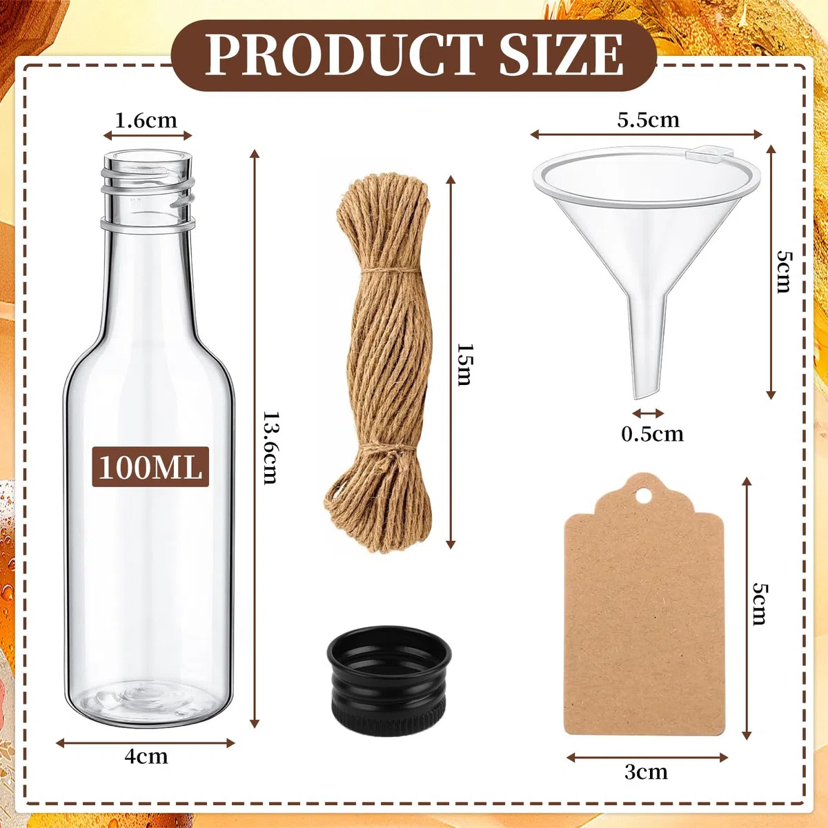 HIMOMO Kleine Flaschen zum Befüllen, 24 Stück 100ml Mini Shot Flaschen mit Deckel, Kunststoff Likörflaschen, kleine Schnapsflaschen, inklusive 15m Juteschnur, 40 Anhängern und Trichter Small Bottles