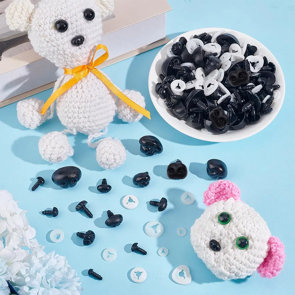 PH PandaHall 120 Stück Schwarze Kunststoffnasen, 15 Größen Sicherheitsnasen mit Abstandhalter Teddybär Nasen zum Basteln Häkeln und Basteln mit Kuscheltieren, Stift: 4.5mm~6.5mm