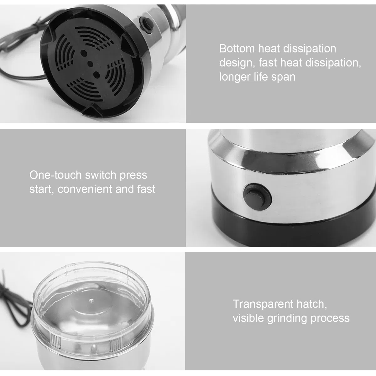 Elektrische Gewürz und Kaffee Mühle, Kaffeemühle Elektrisch, Getreide Mühle mit Edelstahlmesser, Transparenter Deckel, Elektrische Kaffeemühle aus Edelstahl für Kaffeebohnen, Nüsse, Korn, Gewürze