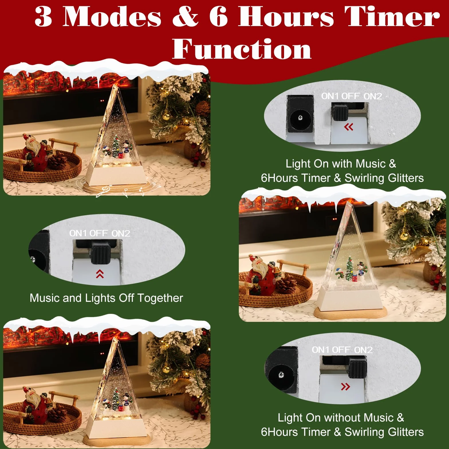 Lewondr LED Schneekugel Weihnachten mit Musik & Licht & Timer, Dreieck Elektrische Schneekugel Weihnachten mit 8 Weihnachtsliedern, Batteriebetrieben/USB-betrieben Weihnachtsmann Weihnachtslicht