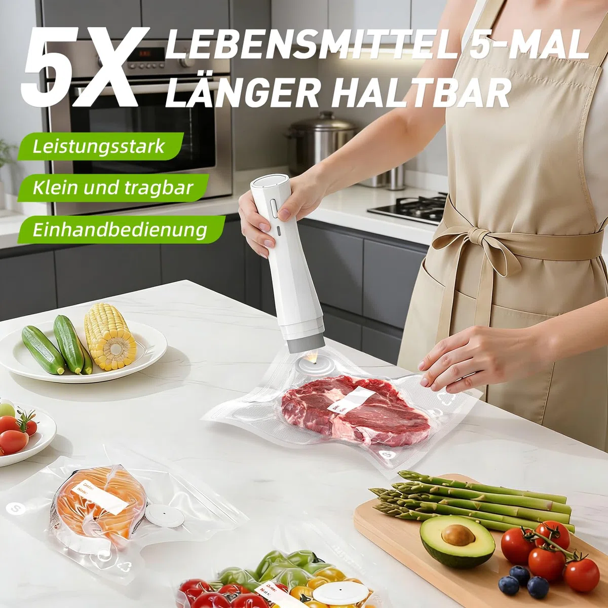Ombrex Mini Vakuumiergerät – Tragbarer Vacuum Sealer mit USB-Aufladung, 30 Wiederverwendbare Vakuumbeutel, 60kPa Leistung, 1-Tasten-Bedienung, Kompaktes Design für Reisen, Büro & Küche