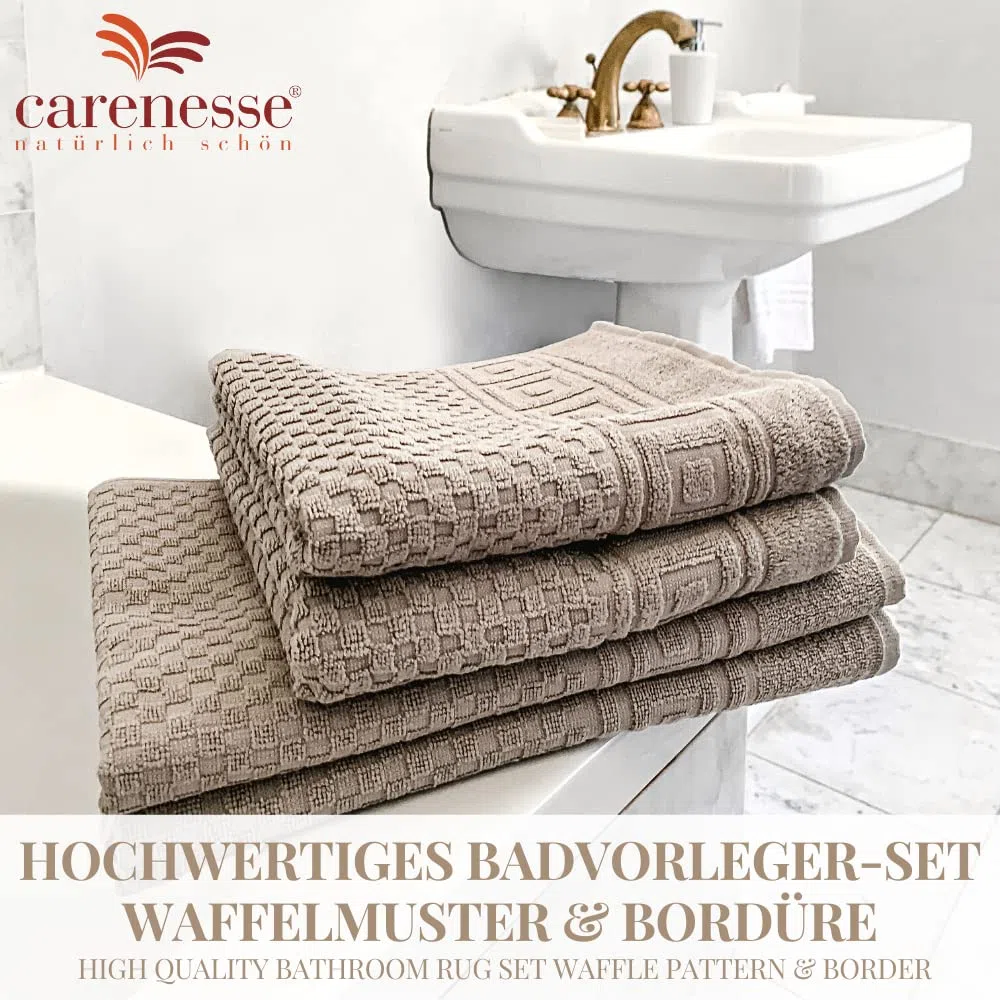 Carenesse Badvorleger 2er Set 50 x 70 cm weiß I Saugstarke Badematte aus Baumwolle: Premium Hotelqualität Öko-Tex 100 I Waffelmuster & Bordüre I Duschvorleger dick & fusselfrei
