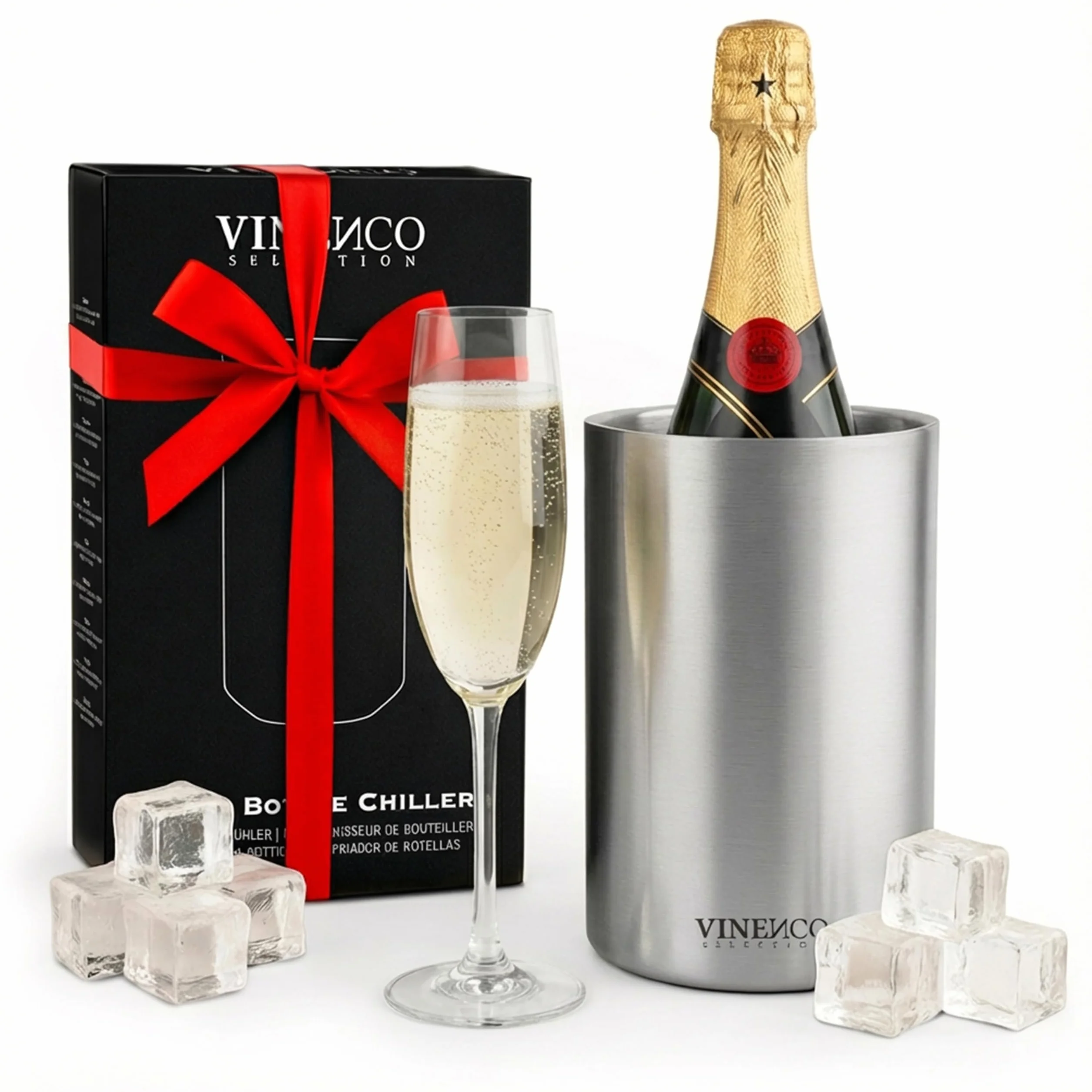 VINENCO Weinkühler Edelstahl Flaschenkühler Sektkühler Champagner Wein Kühler doppelwandig isoliert | Weinflaschenkühler Getränkekühler Weißwein | Geschenk-Set Männer Frauen Weinzubehör Geschenkidee