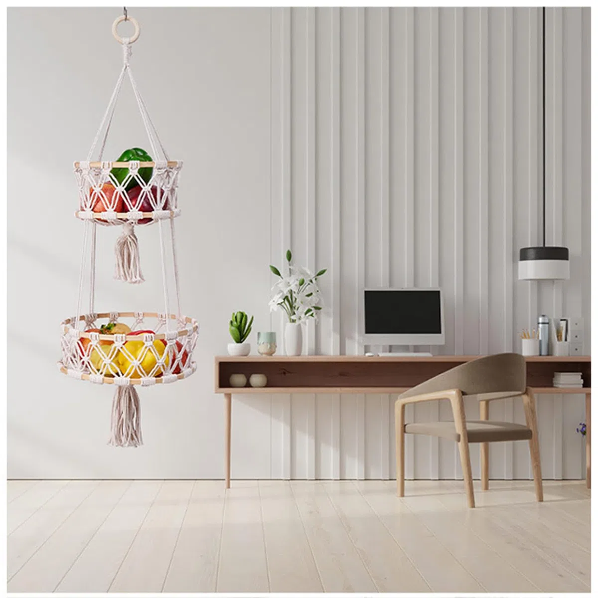 Vegetable Basket, 2 Tier Boho Hanging Handmade Kitchen, Living Room, Bathroom