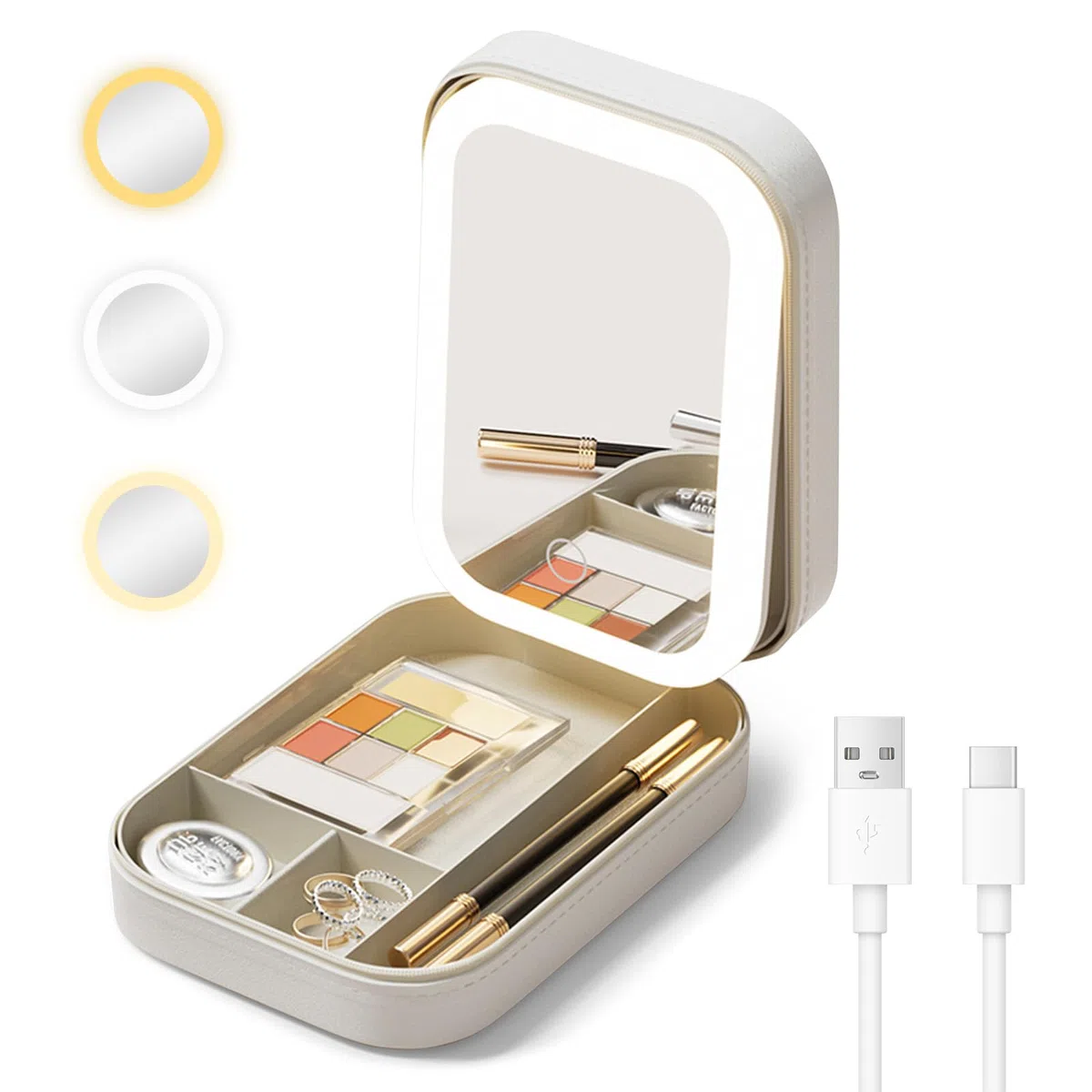 Cuteefun Schminkspiegel mit Beleuchtung, Reisespiegel mit Schmuckaufbewahrung, 3 Farben Dimmbar, USB Aufladbar, Kosmetiktasche mit Spiegel für Schlafzimmer, Schminktisch, Badezimmer, Weiß