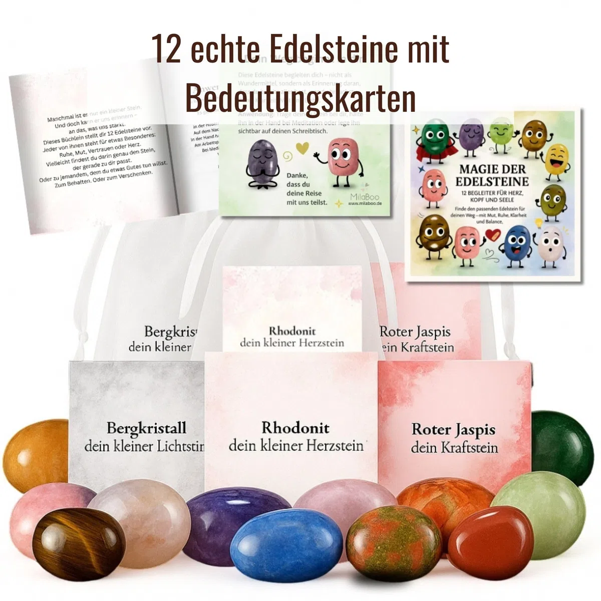 Milaboo Magie der Edelsteine – 12x Glückssteine mit Bedeutung & Karte im Organzasäckchen – Dekoratives Geschenkset mit Broschüre – Mutstein & Schutzstein