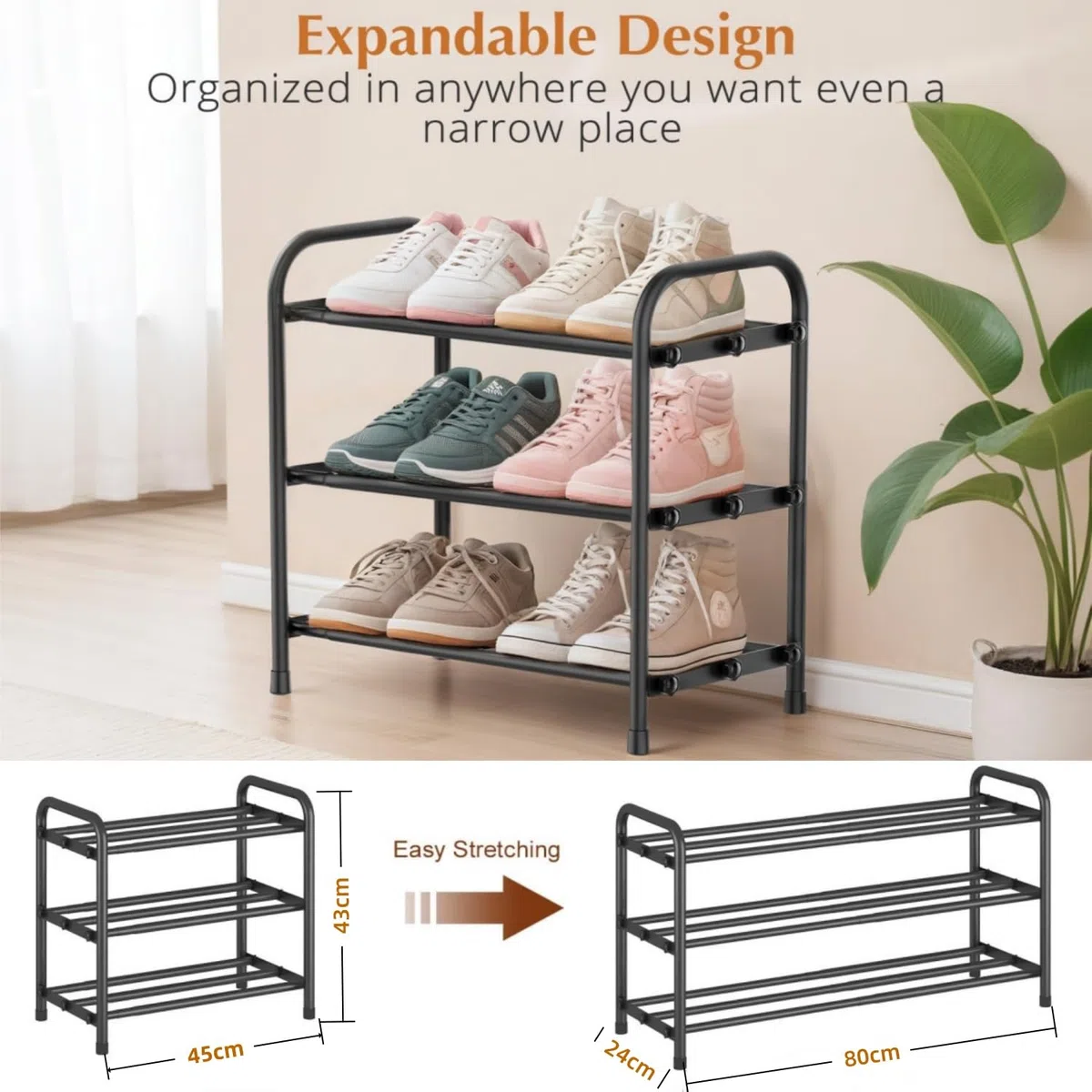 Schuhregal Platzsparend, 3 Ebenen Shoe Rack Metall, Ausziehbar Schuhablage 45 to 80cm, Klein Schuhständer Schwarz, Schmales Schuh Regal für Outdoor, Flur, Garderobe, Eingangsbereich