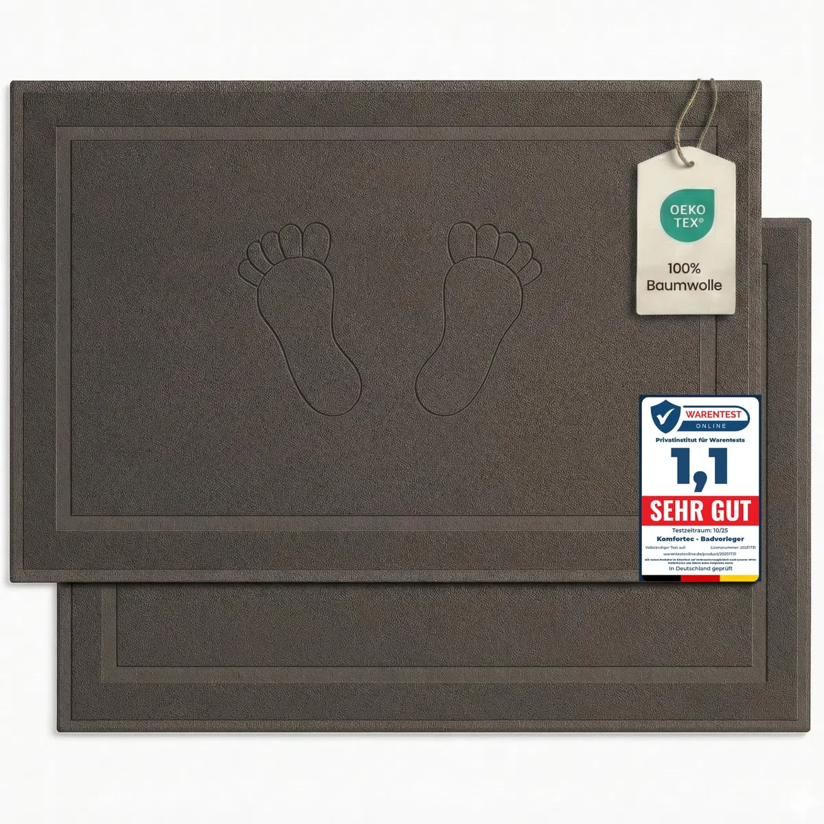 Komfortec 2er Badvorleger aus 100% Baumwolle, 800 GSM, Waschbar, Badematte, Badteppich, Saugfähig, Frottee, 50x80 cm, Anthrazit Grau