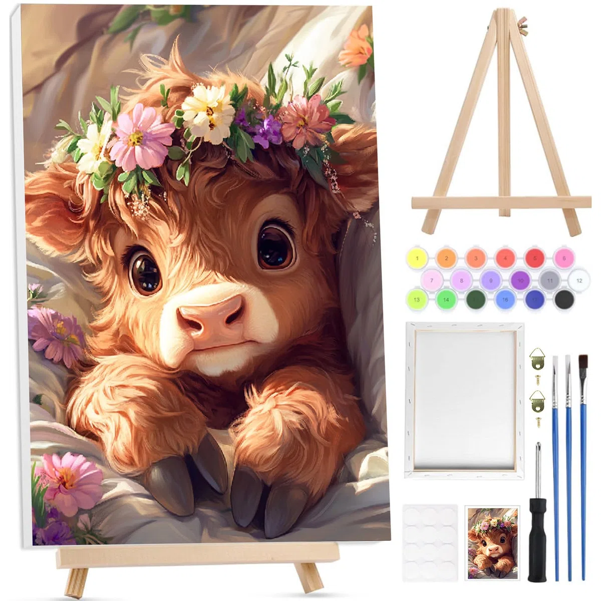Bowetile Kuh Malen nach Zahlen für Erwachsene mit Rahmen, Tiere Malen nach Zahlen mit Holzstaffelei für Anfänger Leinwand Kit,Gemäide Bastelset auf Leinwand mit Pinseln für Home Decor 20x30cm