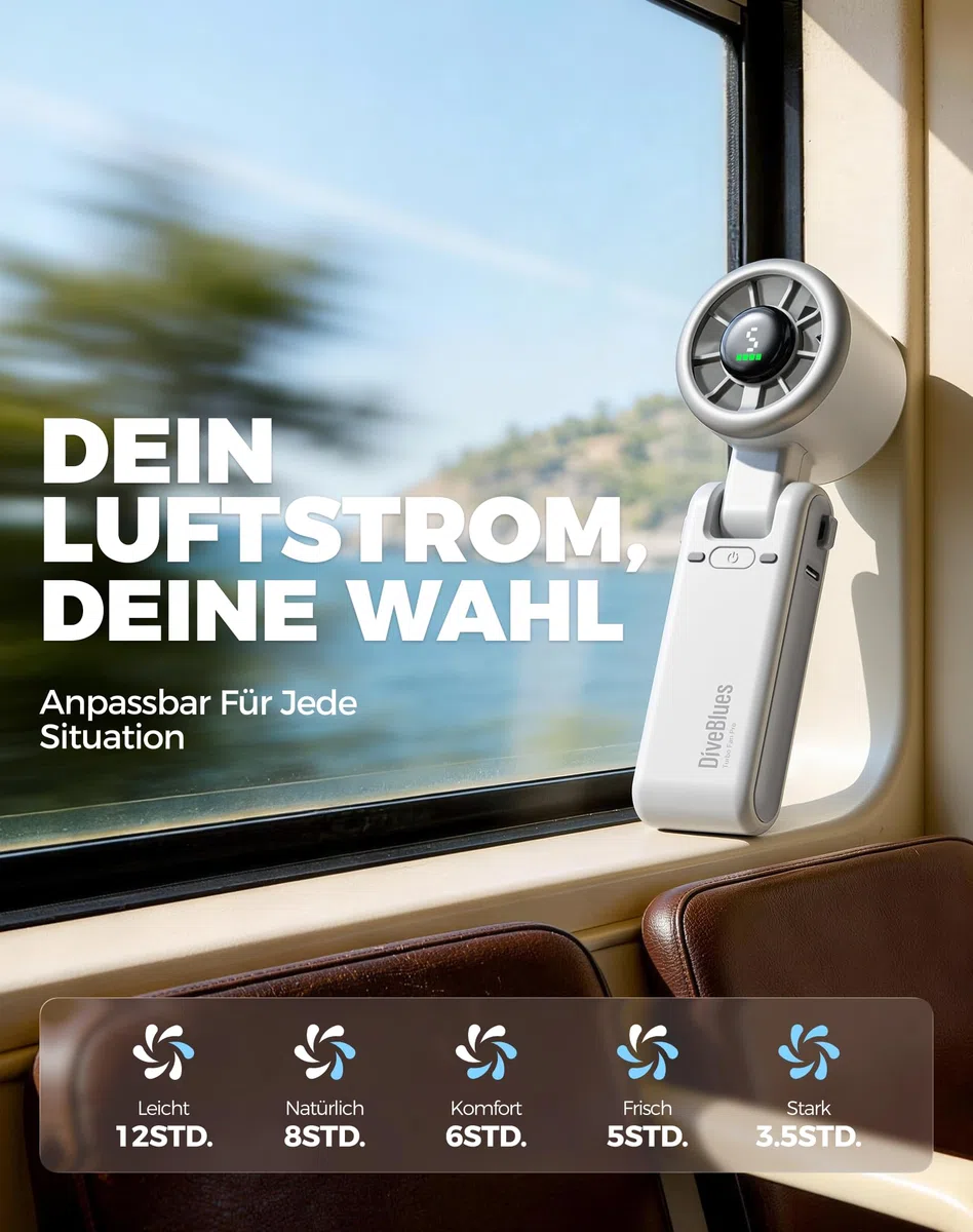 Diveblues Tragbarer Turbo Handventilator, 9m/s Hohe Geschwindigkeit, 5-stufiger Wind, wiederaufladbarer Akku, 3-in-1 Hand-, Hals- & Tischventilator, bis zu 12 Stunden, für Reisen, Büro & Outdoor