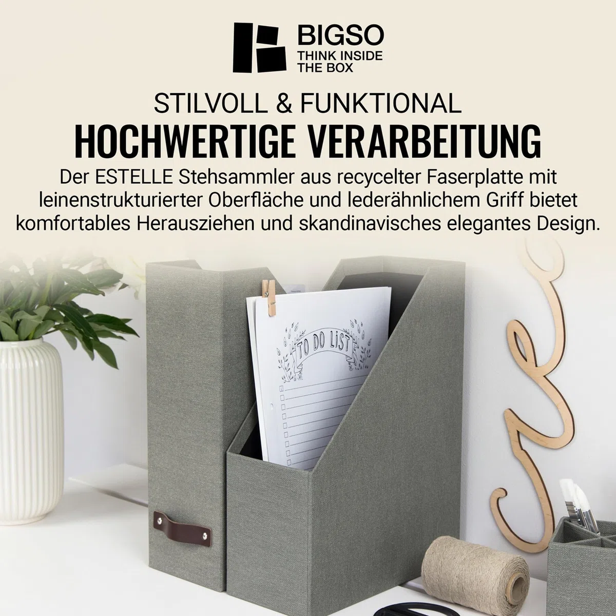BIGSO ESTELLE Stehsammler für Zeitschriften, Magazine und Akten – praktischer Organizer aus Faserplatte und Papier in Leinenoptik – stabiler Zeitschriftenhalter mit Griff – grau