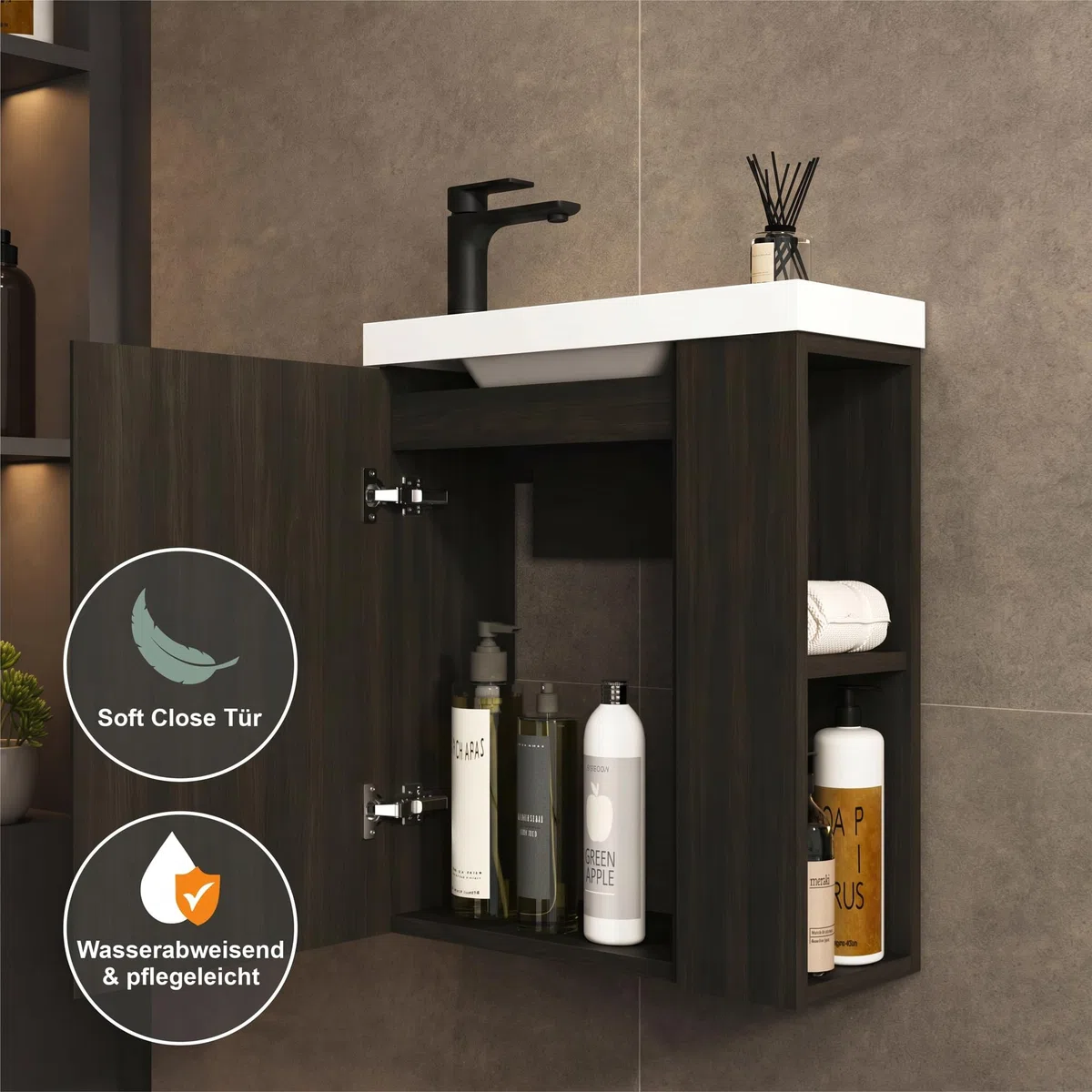 Waschbecken mit Unterschrank 55 cm - Badmöbel Set mit 2 Tier seitliche Ablagen außen & Haken, Vormontiert Waschbeckenunterschrank Klein für Bäder - Schwarz (inkl. Schwarz Matt Armatur)