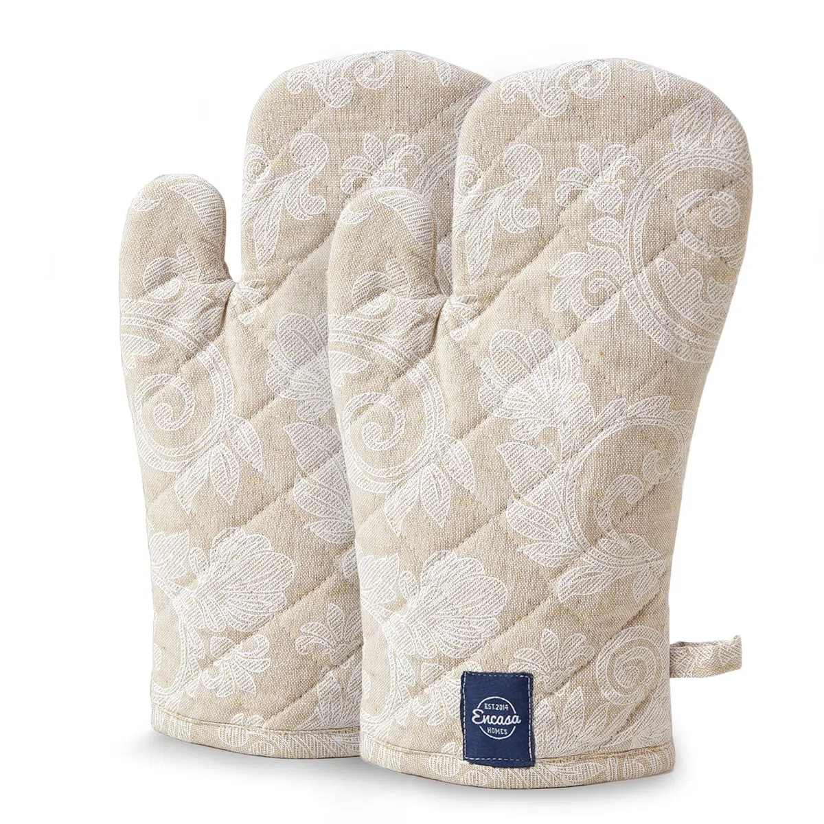 Encasa XO Ofenhandschuhe Hitzebeständig | Mikrowellenkoch-Mitten Für Backen & Küchengebrauch | 18x30 cm | Baumwollutensilienhalter - Chambray-Stoff (Packung Mit 2, Beige)