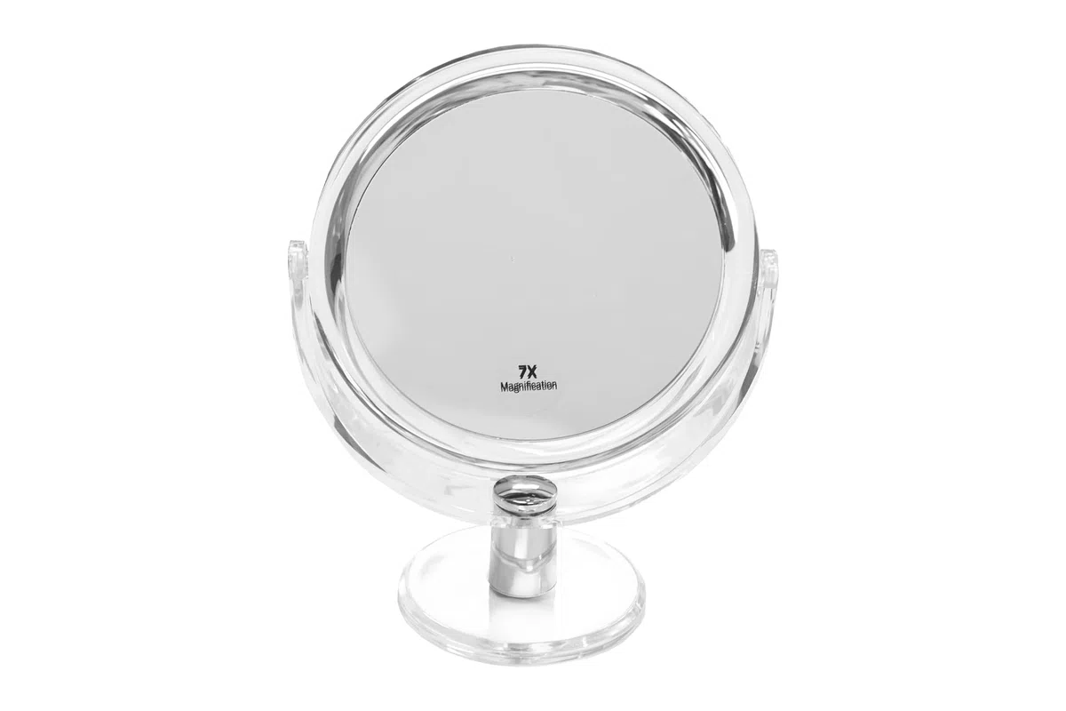 Fantasia Standspiegel rund - zweiseitig, normal und 7-fache Vergrößerung, Make Up Spiegel Ø 16cm, Höhe: 22cm, Metall/Acryl