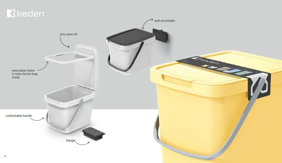 BirnePower Mülleimer 20L Aschgrau – Abfalleimer mit Klappdeckel & Griff, Stapelbares Mülltrennsystem für Küche & Büro, Wandmontage möglich, Kunststoff Müllbehälter Schmal