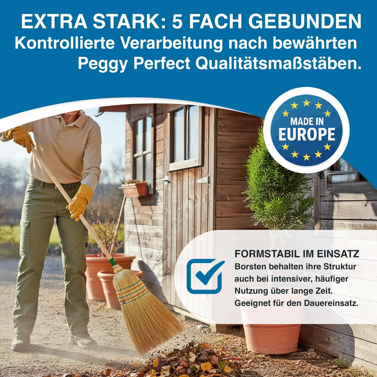 Peggy Perfect - Hochwertiger Strohbesen, Reisstrohbesen mit 5-facher Naht, Buchenholzstiel und extra dickem Reisstrohbesatz. Gesamtgröße 141x34x5cm. Naturprodukt aus nachhaltigen Materialien.