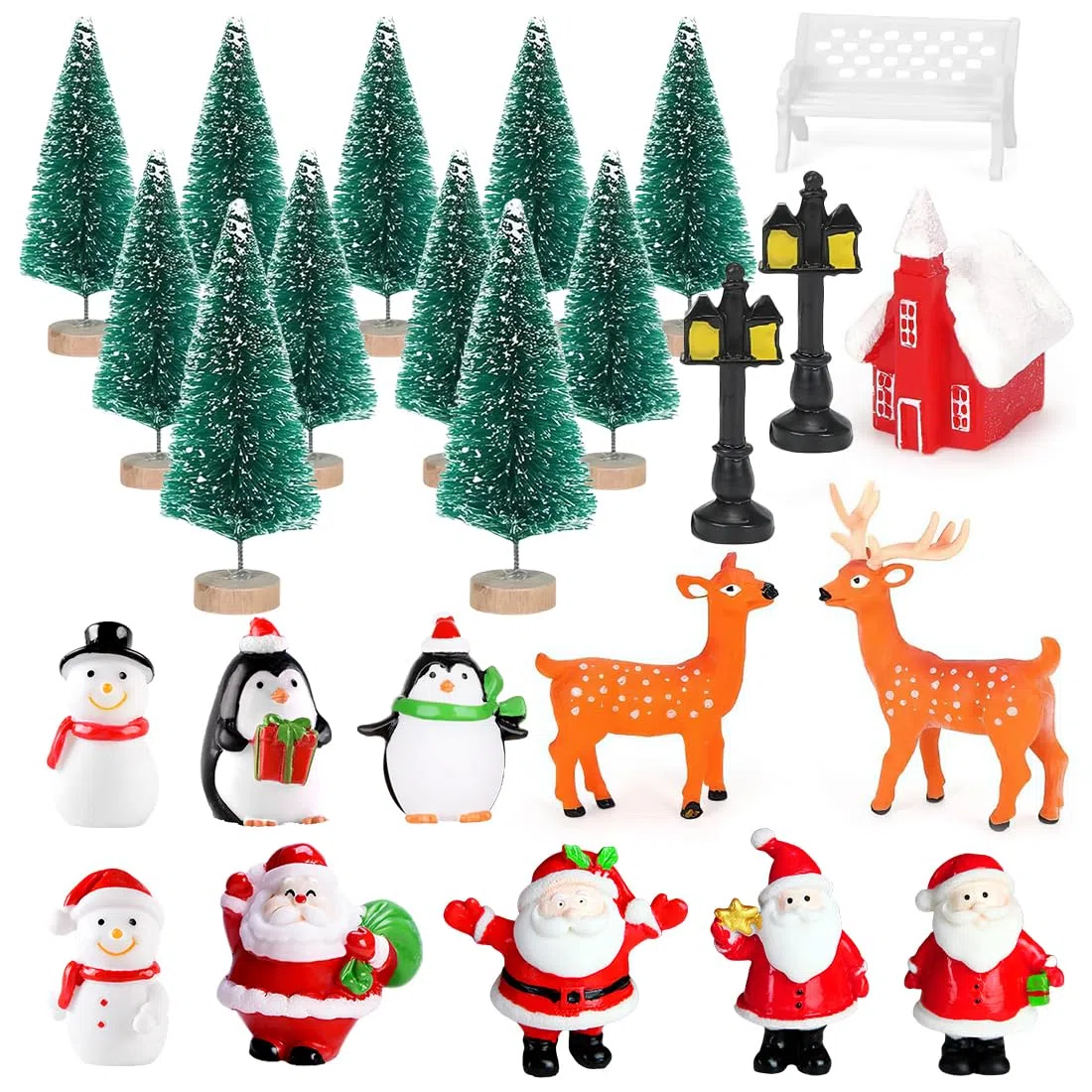 Bluelves 24 Stück Weihnachtliche Miniatur Ornamente und Figuren, Tischdeko mit Weihnachtsmann, Schneemann, Elch und Schneekugel
