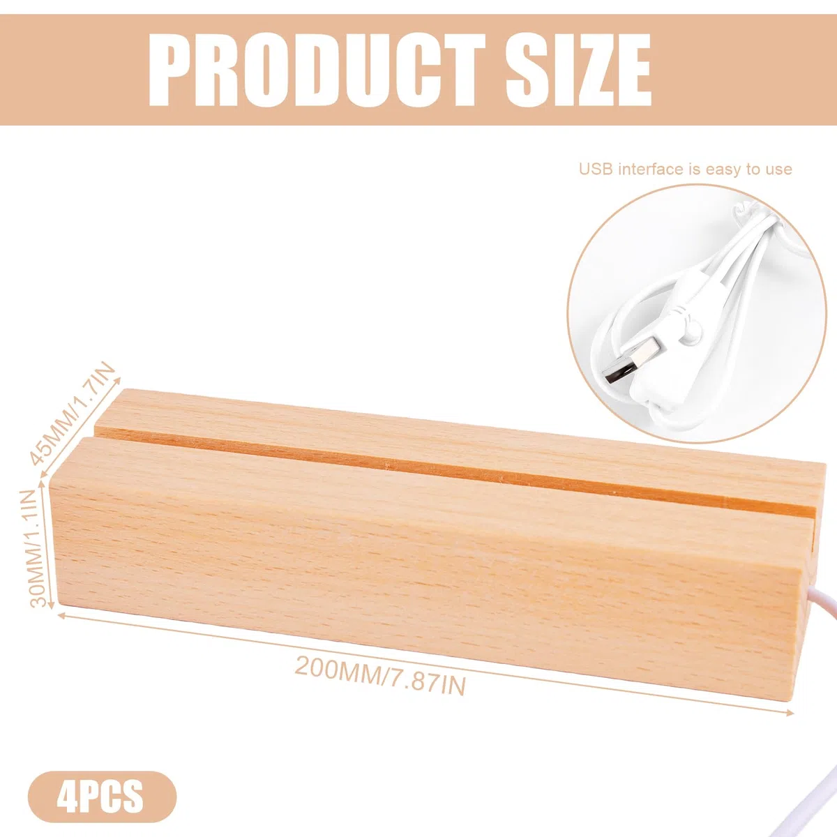 BAIFULAI 4 Stück LED Sockel Holz, 20cm Holzsockel, Lichtsockel mit USB-Schalter, Warme Farben, Leuchtsockel, Lichter Display Basis für 5 mm Dicke Acryl Platte Kristalle Glas Harz Kunst