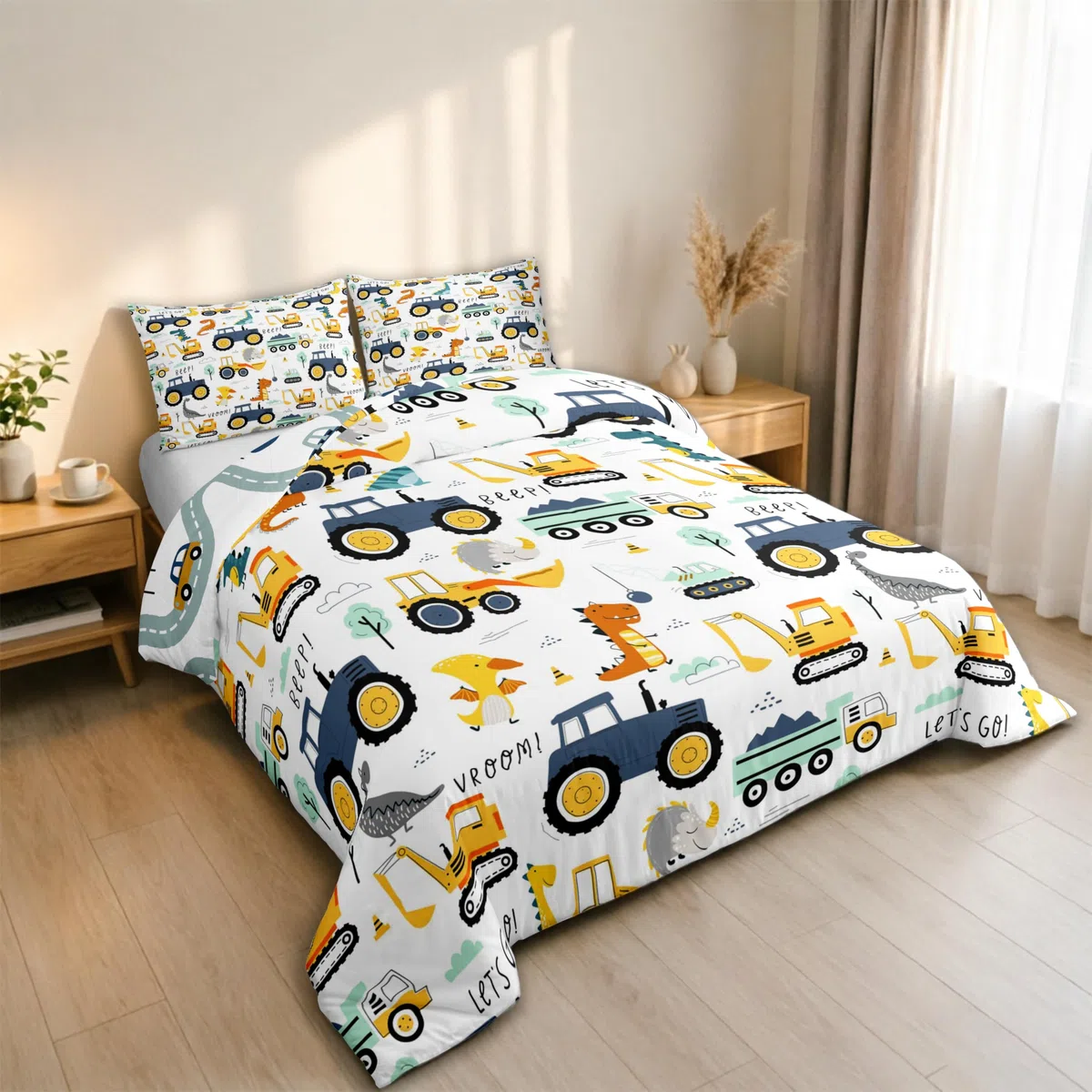Jungen Cartoon Auto Bettwäsche Set 135x200,Kinder Bau Fahrzeuge Tröster Abdeckung für Kind Kleinkind Teens,Dinosaurier Bettbezug,Traktor Maschinerie Bagger Bettdecke Abdeckung,Lkw Autos Bettwäsche