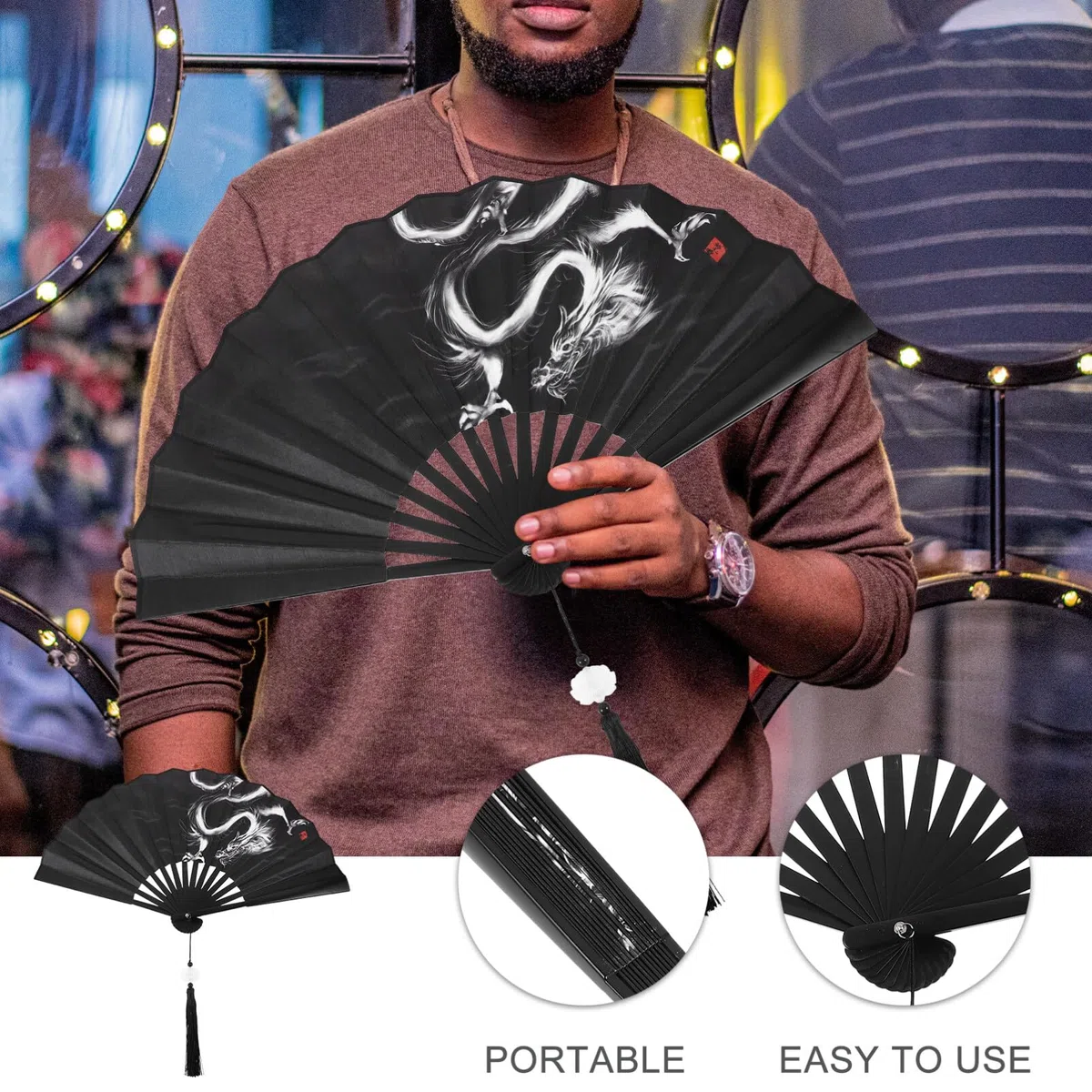 IMIKEYA Schwarz Handfächer, Drachen Chinesischer Fächer aus Seide, Japanischer Vintage Seide Handfächer Faltbarer mit Quasten handgemacht Handheld Fan für Party, Hochzeit, Halloween