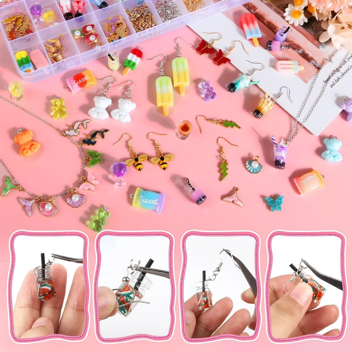 207 Stück Charms Anhänger Set, Schmuck Selber Machen Sets mit Aufbewahrungsbox, Ohrringe Selber Machen Set Bubble Tea Schmetterling Bär, Geschenke für Mädchen für DIY Armband Halsketten Schmuck