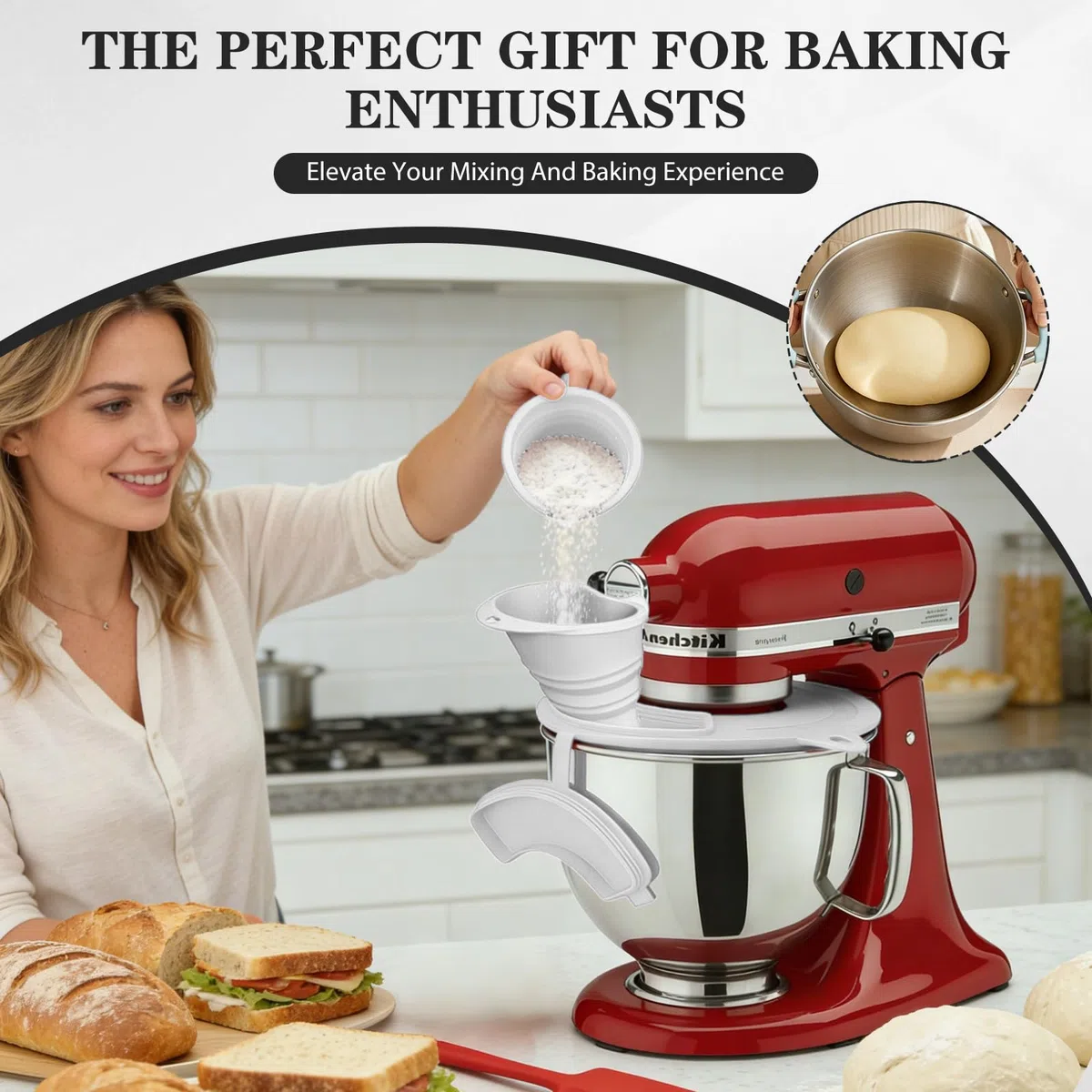 Mixer Mehl Trichter Spritzschutz Kompatibel mit KitchenAid 3-in-1 Standmixer Zubehör mit faltbarem Messbecher Großer Mehl-Trichter für Kitchen Aid Mixer