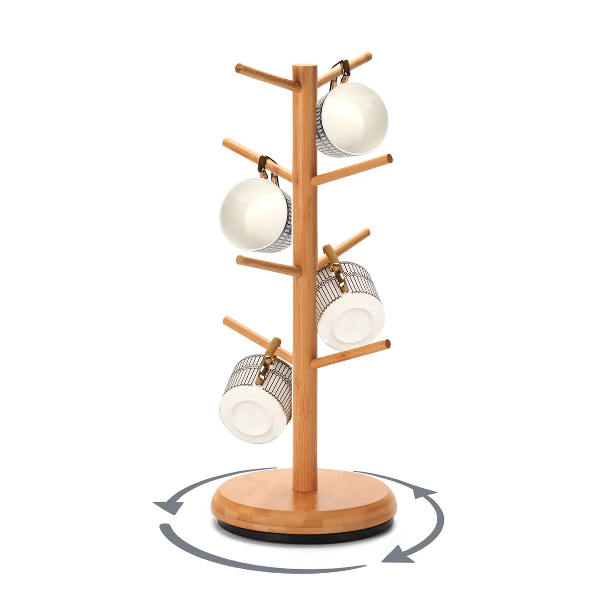 BAMBANG Tassenregal aus Bambus Metallbasis Drehbar Groß,Tassenhalter Holz mit 8 Haken,Tassenständer Tassenbaum Tassen Regal Organizer Aufhängen Ständer Halter,Brezelständer Schmuckständer Natürlich
