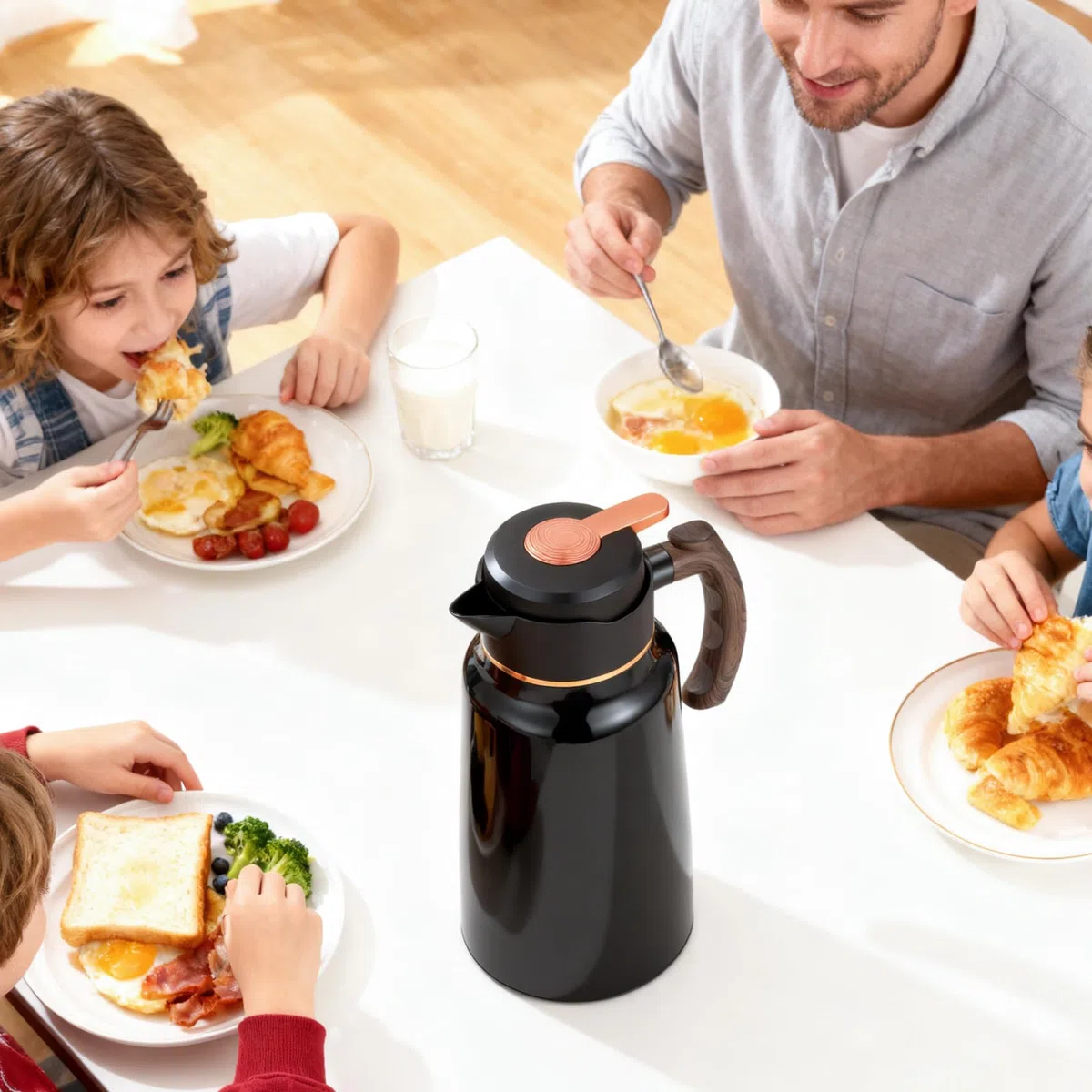 Thermoskanne, 2 Liter 304 Edelstahl Isolierkanne mit Holzoptik Griff, 24 h heiß / 24 h kalt, Kaffeekanne mit tropffreiem Ausguss, große Öffnung, zerlegbarer Deckel, Teekanne für Kaffee, Tee, Wasser