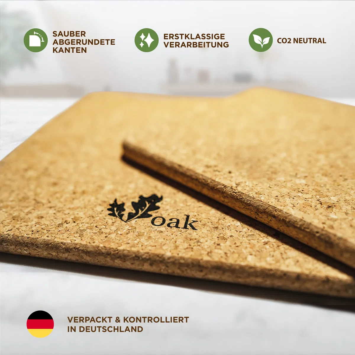 Voak® Topfuntersetzer Korkuntersetzer Set | 4 eckige Kork Untersetzer | 100% Natur Kork Made in Portugal | 20 cm und 15 cm | rutschfeste Unterlage Tischset Abwaschbar Hitzebeständig