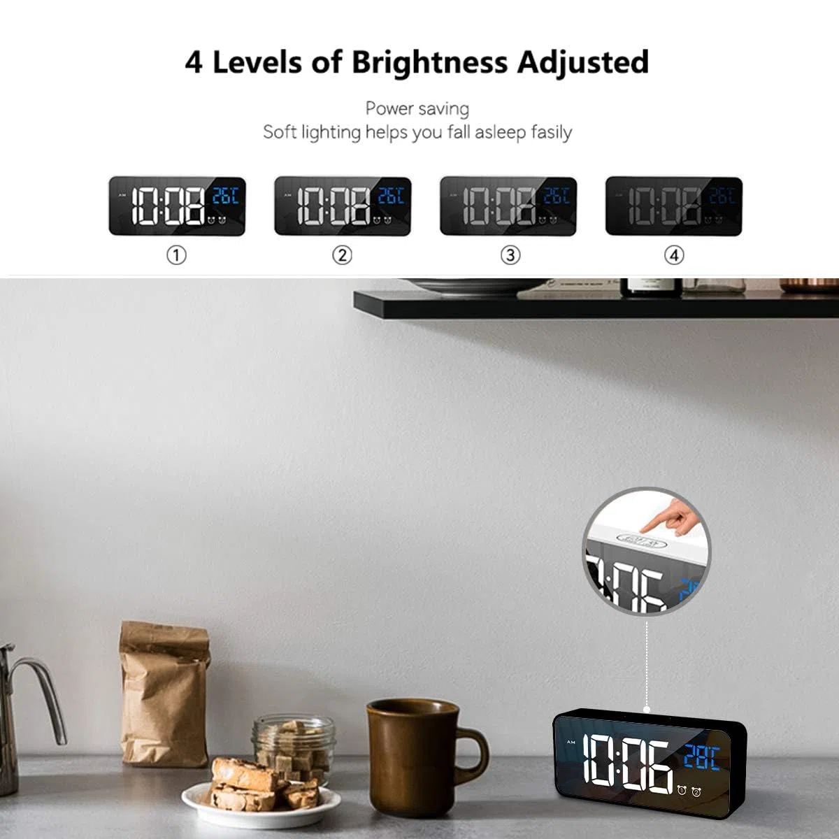 Digitaler Wecker mit großer LED-Temperaturanzeige, tragbarer Spiegelalarm mit Doppelalarm, Zeit-Dimmer, Helligkeitsdimmer in 4 Stufen verstellbar (schwarz)