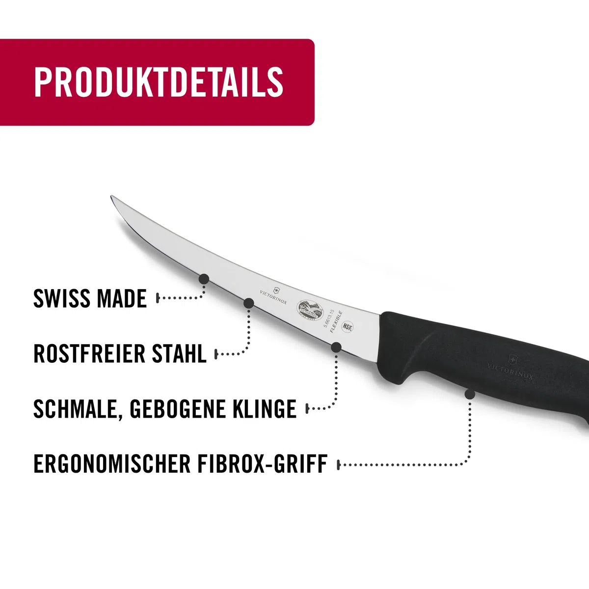 Victorinox Fibrox Ausbeinmesser, Scharfes Küchenmesser für Fleisch und Fisch, 15 cm, Gebogene Klinge, Flexibel, HACCP geeignet, Rutschfest, Schwarz