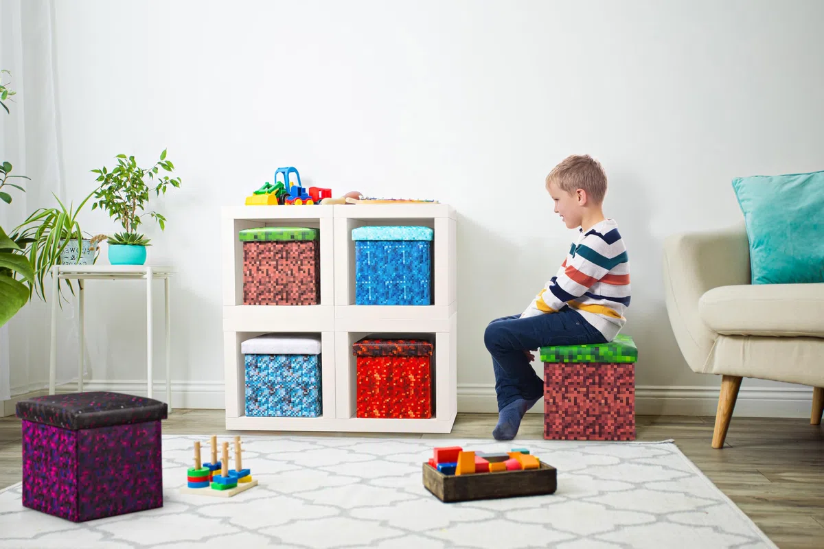 Pixeldesign Sitzwürfel Sitzhocker mit Stauraum, Faltbarer Hocker, Fußhocker, Falthocker, Sitzwürfel für Wohnzimmer, Kinderzimmer Pixelart (30 x 30 x 30 cm eisiger Boden)…
