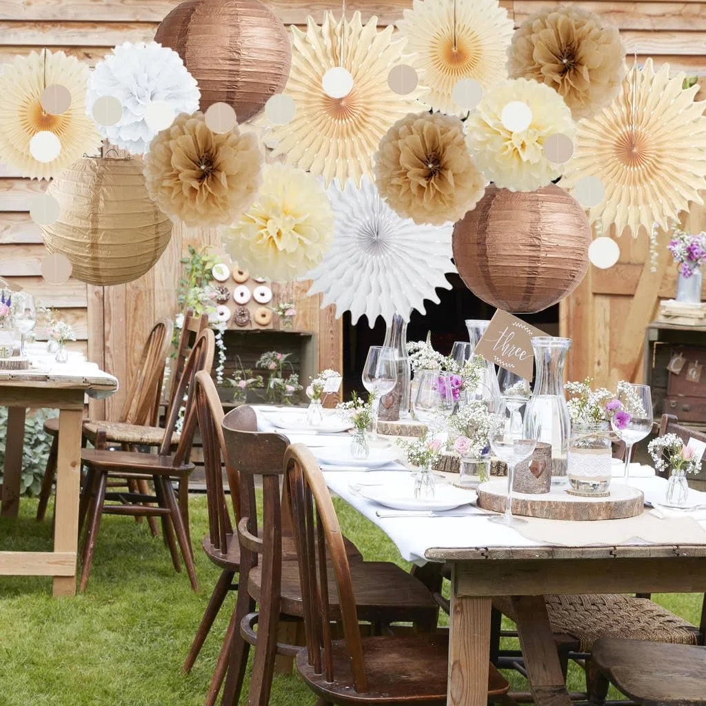Party Deko Beige Braun Weiß Pompons Beige Creme Neutral Party Deko Boho für Vintage Babyparty Deko Beige Geburtstagsdeko Hochzeitsdeko