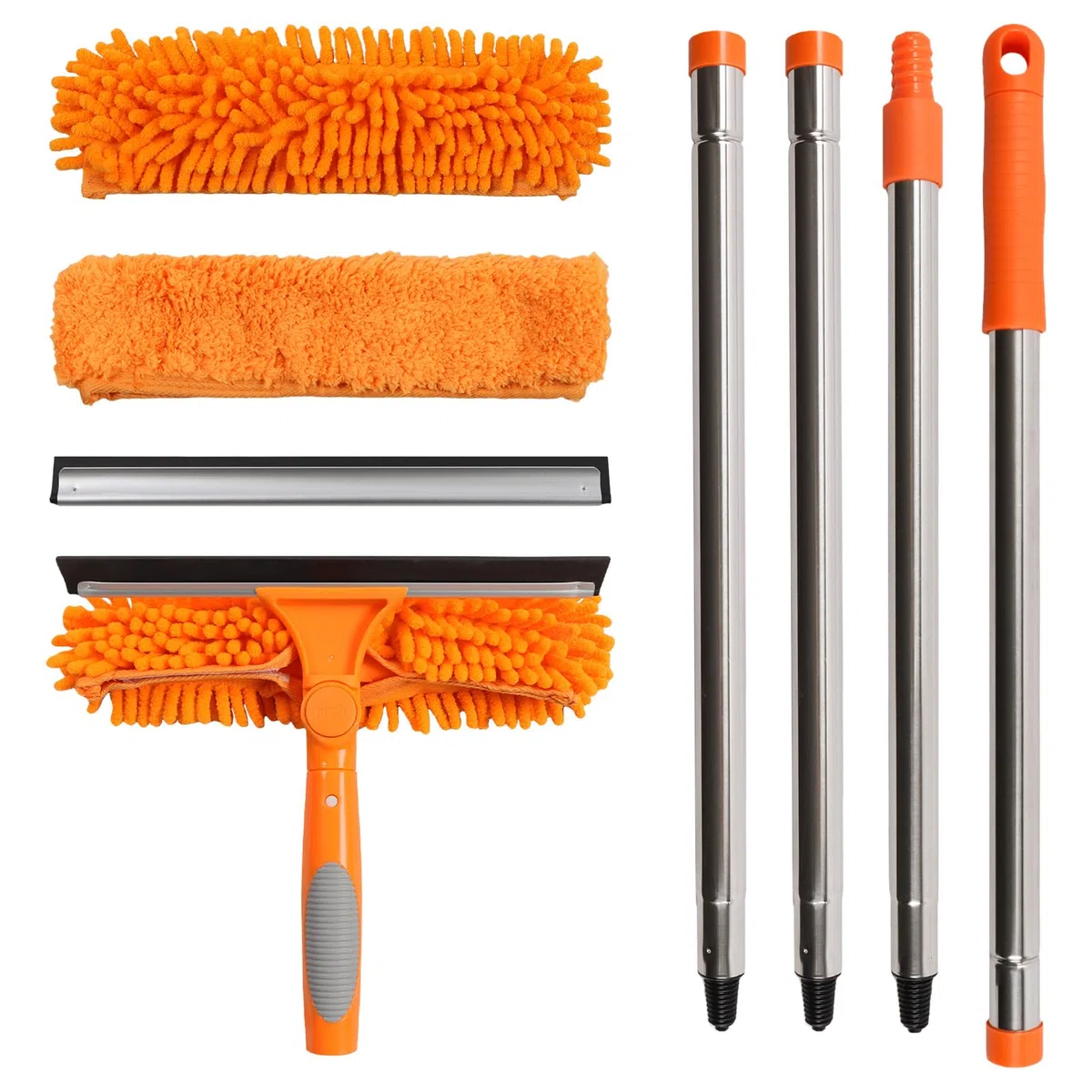 Terafeels 170cm Teleskop Fensterwischer Abzieher Set, 2 in 1 Teleskopstange Fensterreinigung ür Innen und Außen Hohe Fenster Autoglas (Orange)