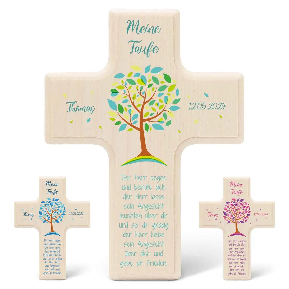 GRAVURZEILE Personalisiertes Kinderkreuz zur Taufe Kommunion und Konfirmation - Lebensbaum - Holzkreuz für Kinder personalisiert mit Text - Personalisierte Geschenke für Jungen und Mädchen - Grün