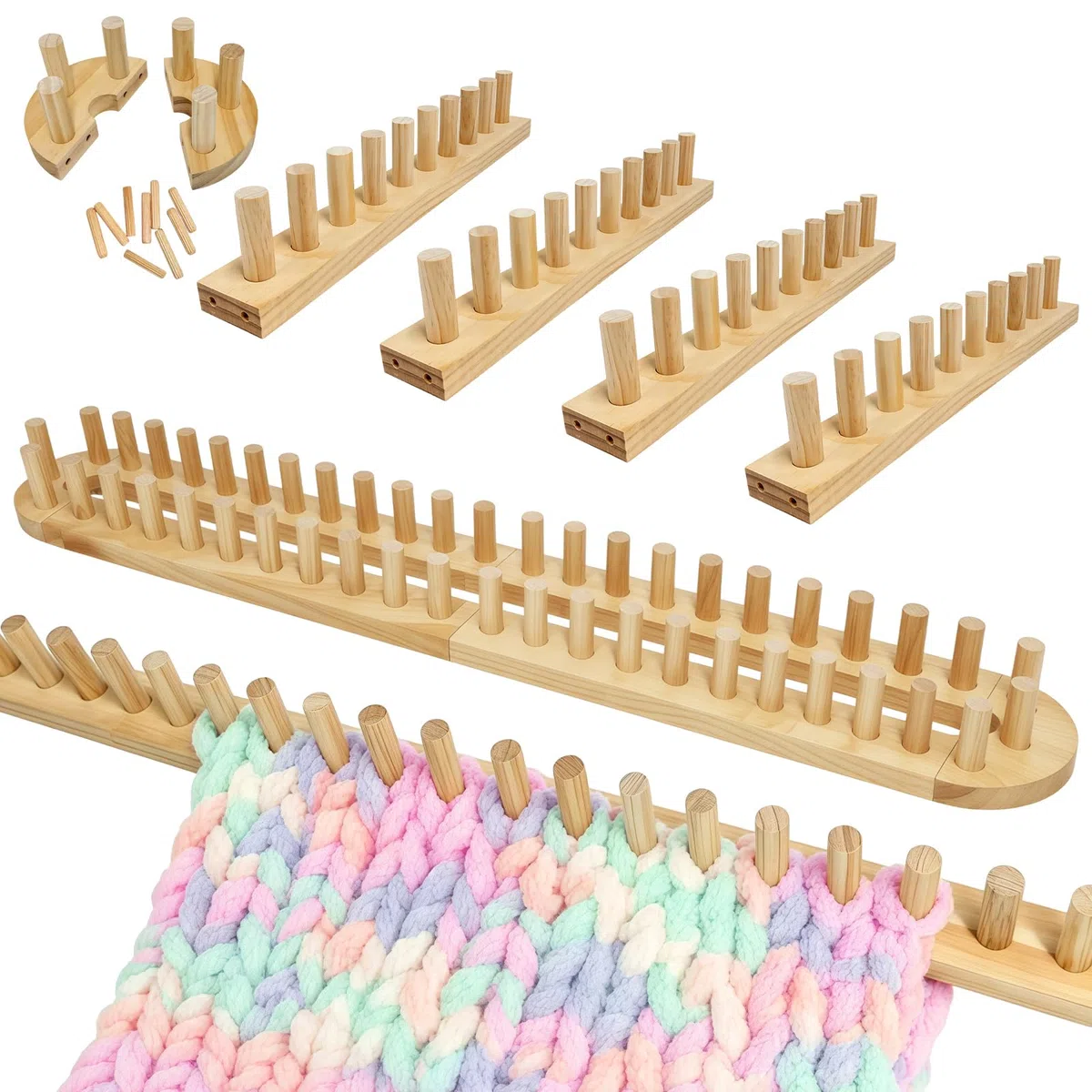 Strickrahmen Set für Chunky Wolle, 6 Stück Holz Knitting Loom, 40–160cm Verstellbar Strickwebstuhl für Anfänger, DIY Handwerk Strickbrett für Stricken Schals, Pullover, Decken