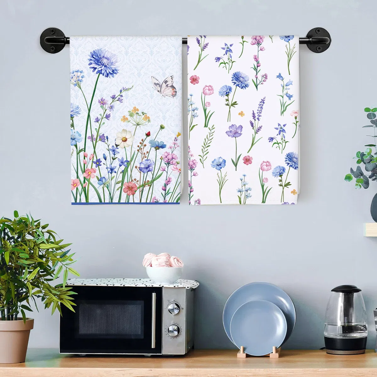 4er Set Geschirrtücher Blau Wildblume Küchentücher Schmetterling Blume Dekorative 100% Baumwolle, 48 x 70 cm, Trockentücher Saugstarke Geschenk, Küche Dekoration