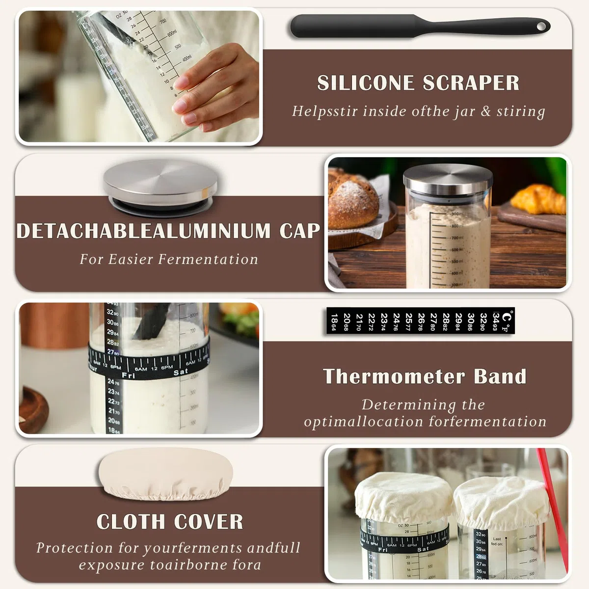 Sauerteig Starter Jar Kit 1000ml Gärglas mit Spatel, Fermentierglas, Sauerteig Glas Jar, Sourdough Starter Kit, Anstellgut Glas Behälter, Reusable Brot Backen Zubehör