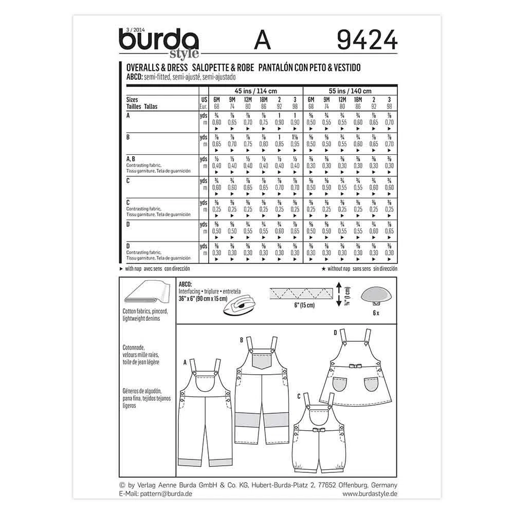 burda kids Papier-Schnittmuster Baby Latzhose und Latzrock #9424 Gr. 68-98